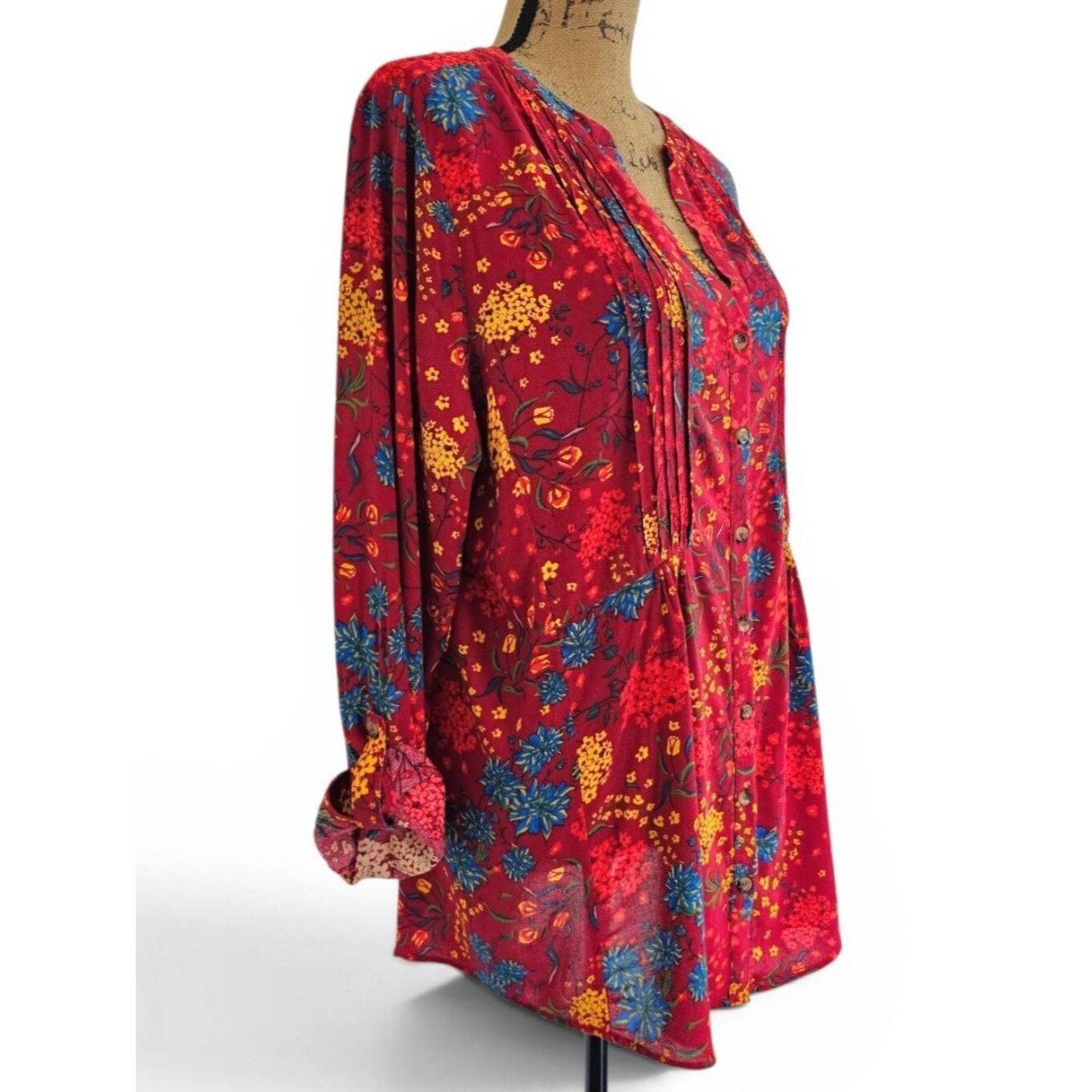 Anthropologie Anthropologie Maeve Floral Pintuck Red Boho Peasant Top Rol Size XL / US 12-14 / IT 48-50 - 4 Thumbnail