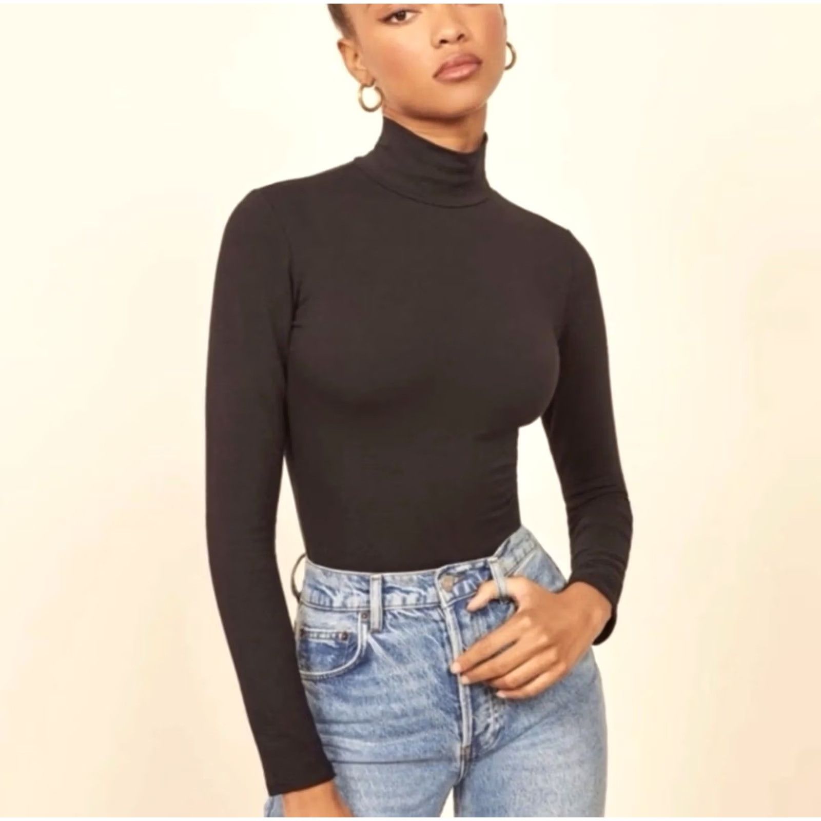 Reformation Reformation Navia Bodysuit Womens XS Black Turtleneck Long Organic Cotton Size XS / US 0-2 / IT 36-38 - 6 Thumbnail