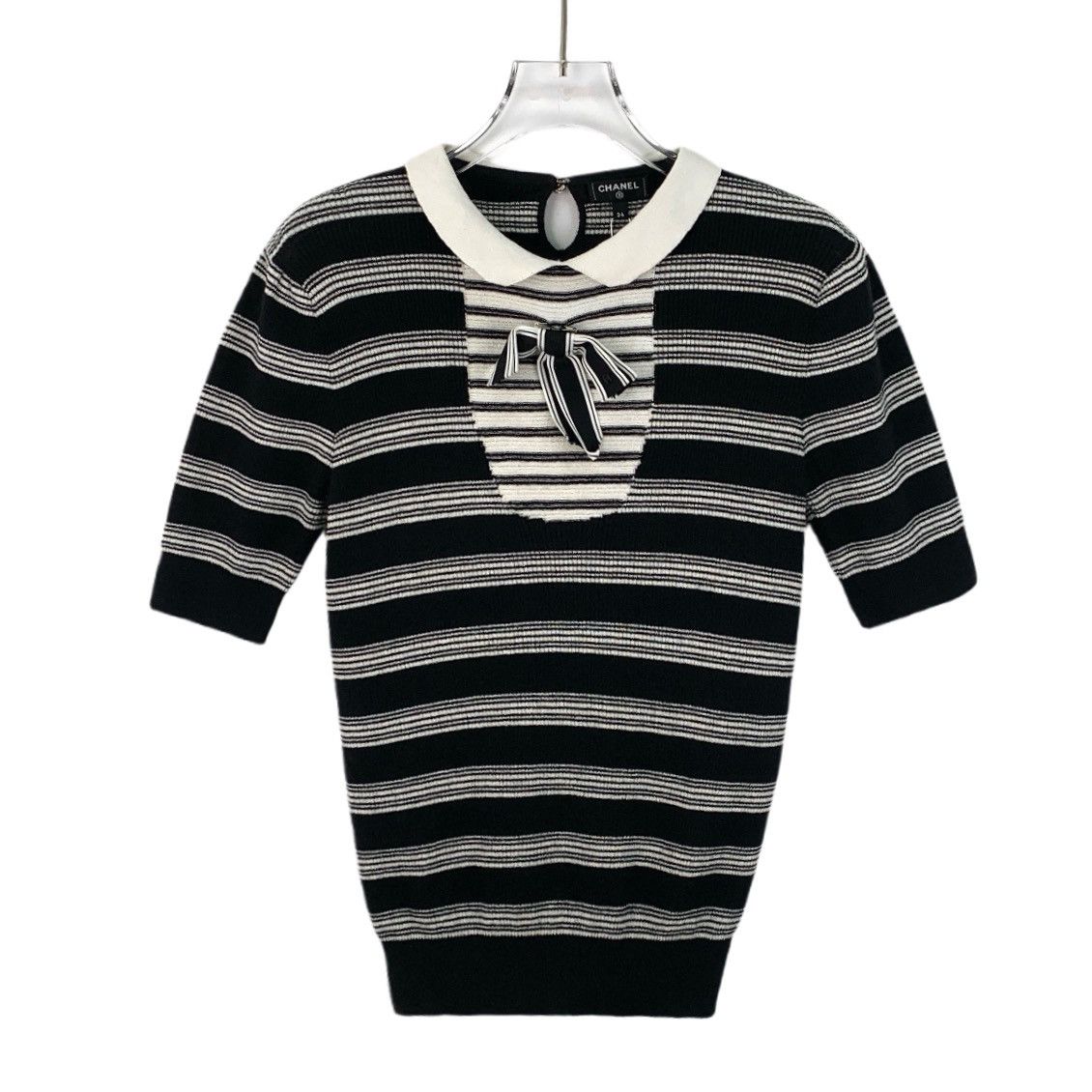 Chanel Striped Bow Embellished Doll Neck Knit Sweatshirt
