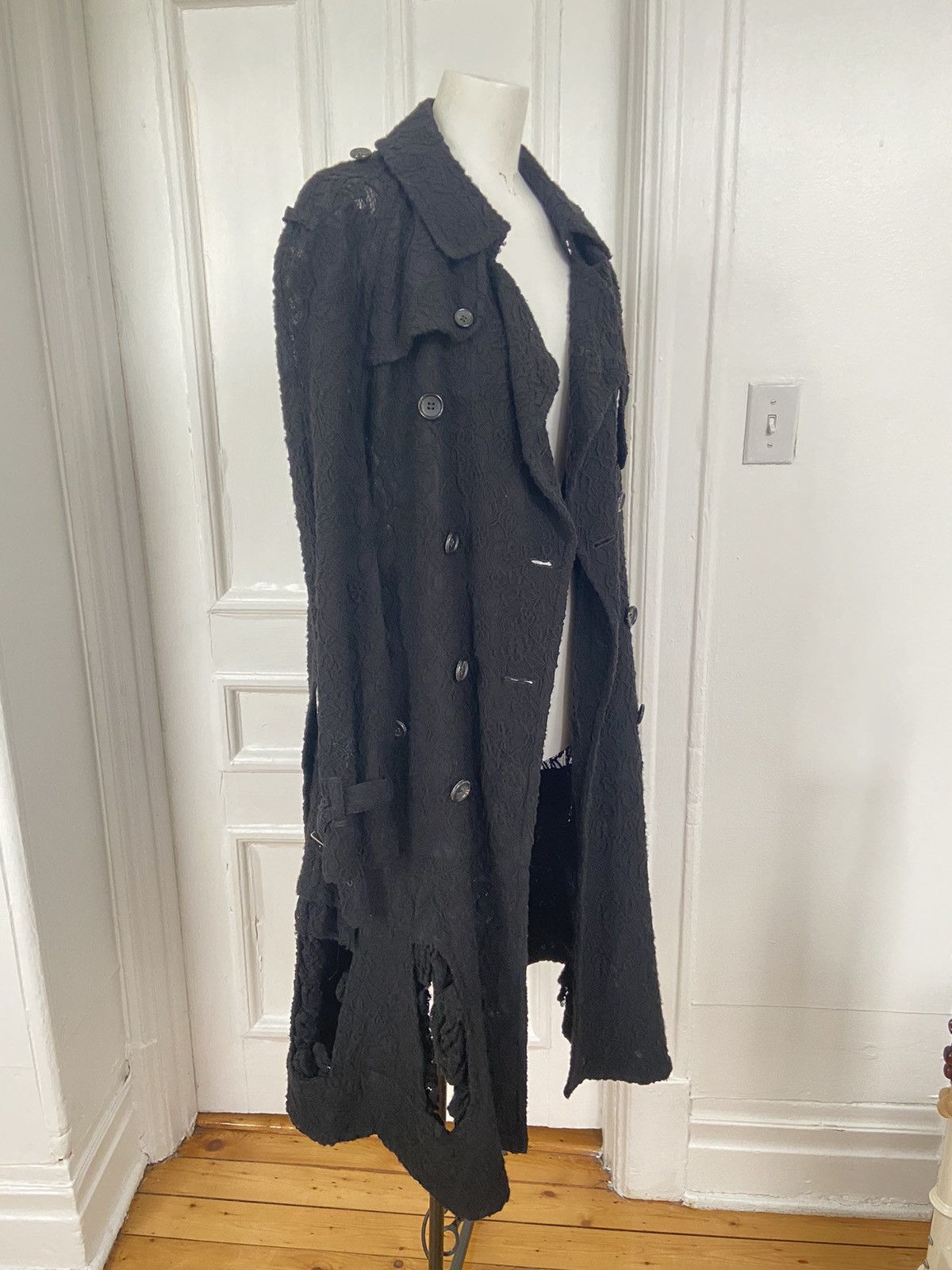 image of Comme Des Garcons Lace Wool Trench Coat With Frill Window Cutouts 2015 in Black, Women's (Size Smal