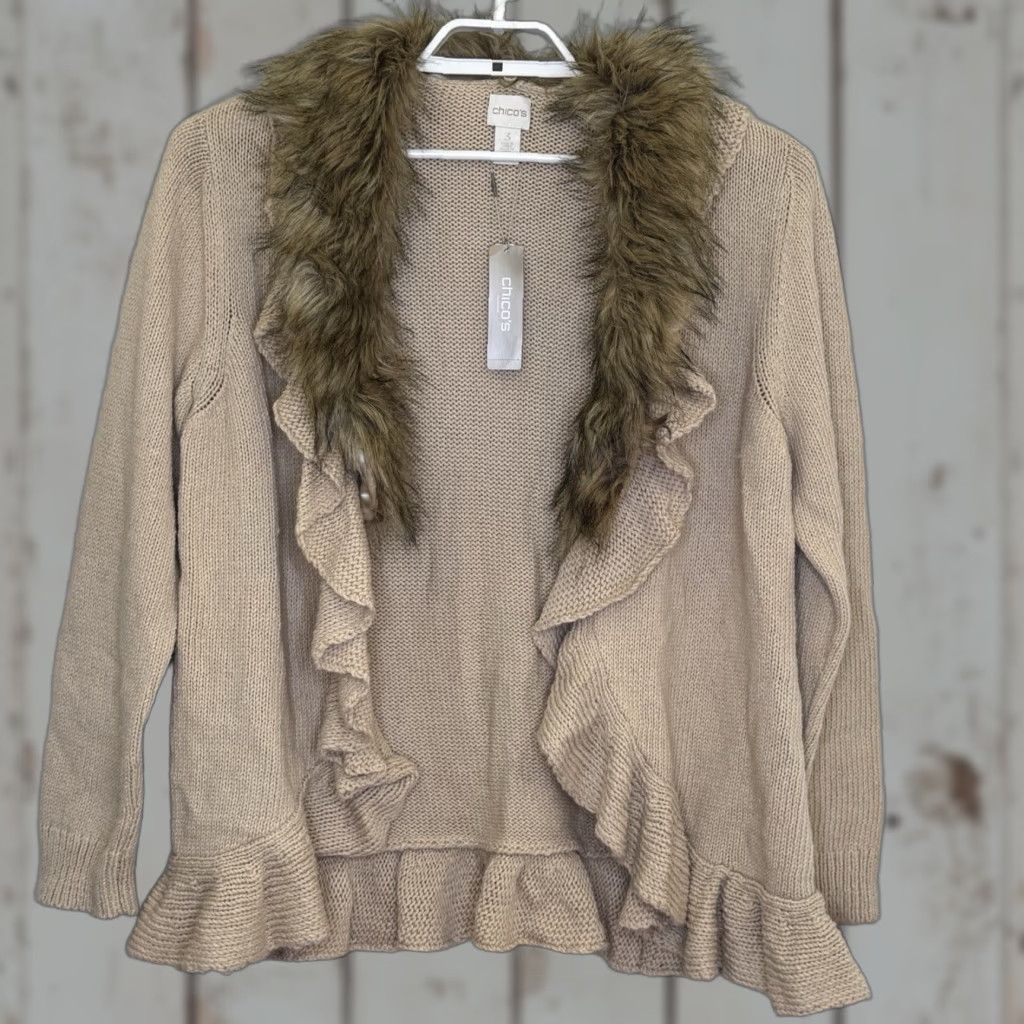 Vintage Chico's Cardigan Sweater Size 3 Tan Removable Faux Fur Collar Ruffle Trim Long Sleeve NWT Women Mens? Size XS / US 0-2 / IT 36-38 - 1 Thumbnail