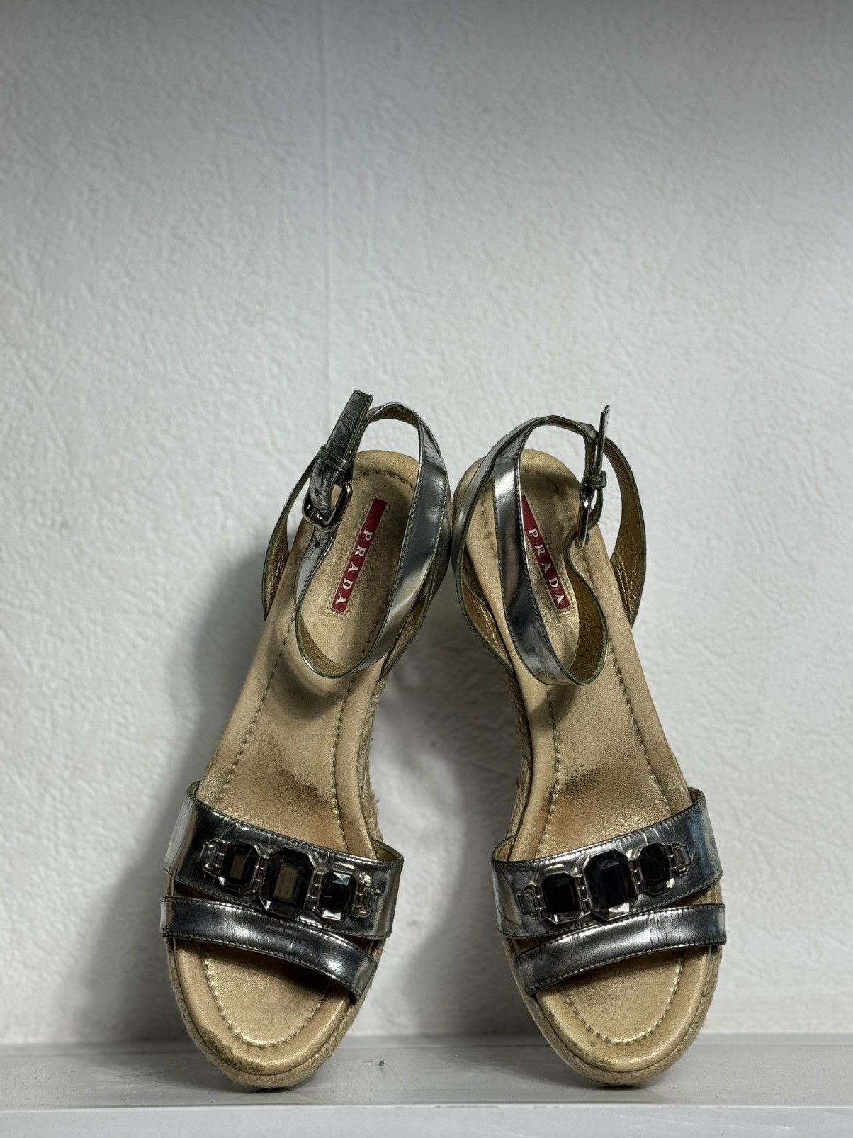 Prada Prada Linea Rossa Silver Leather Wedge Sandals Size 40.5 Size US 9 / IT 39 - 4 Thumbnail