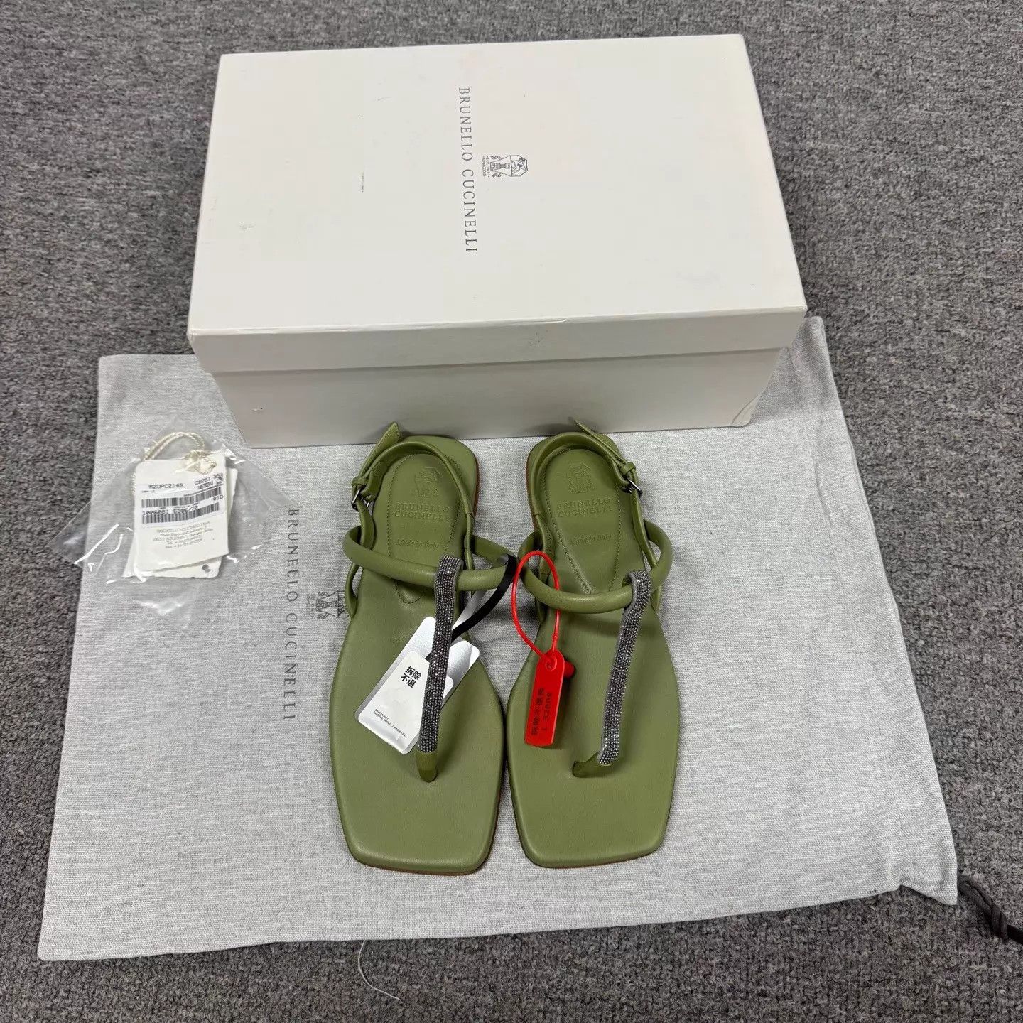 Brunello Cucinelli BC Olive Green Square Toe Monili Crystal Flat Sandal Size US 5 / IT 35 - 3 Thumbnail