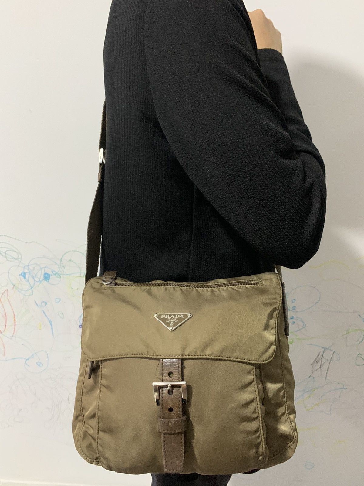 Prada Brown Gold Crossbody Sling Messenger Bag in Beige, Men's