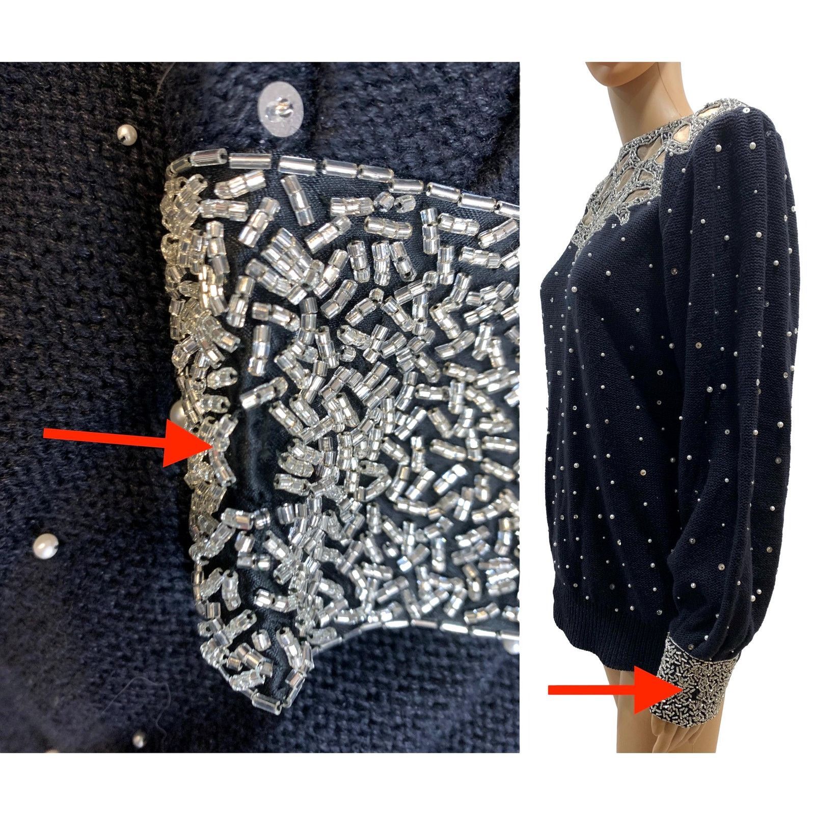 Vintage 80s Black Beaded Trophy Sweater w Pearls 1989 | S/M Size M / US 6-8 / IT 42-44 - 11 Thumbnail