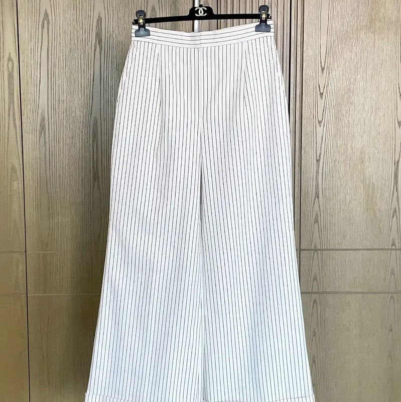 Chanel Chanel White Cotton Striped Casual Trousers 0089 Size 23" - 1 Thumbnail