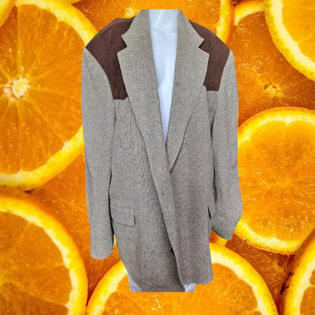 Other High Noon Tweed Blazer Brown Suede Patch Sport Coat Herringb Size 50R - 2 Thumbnail
