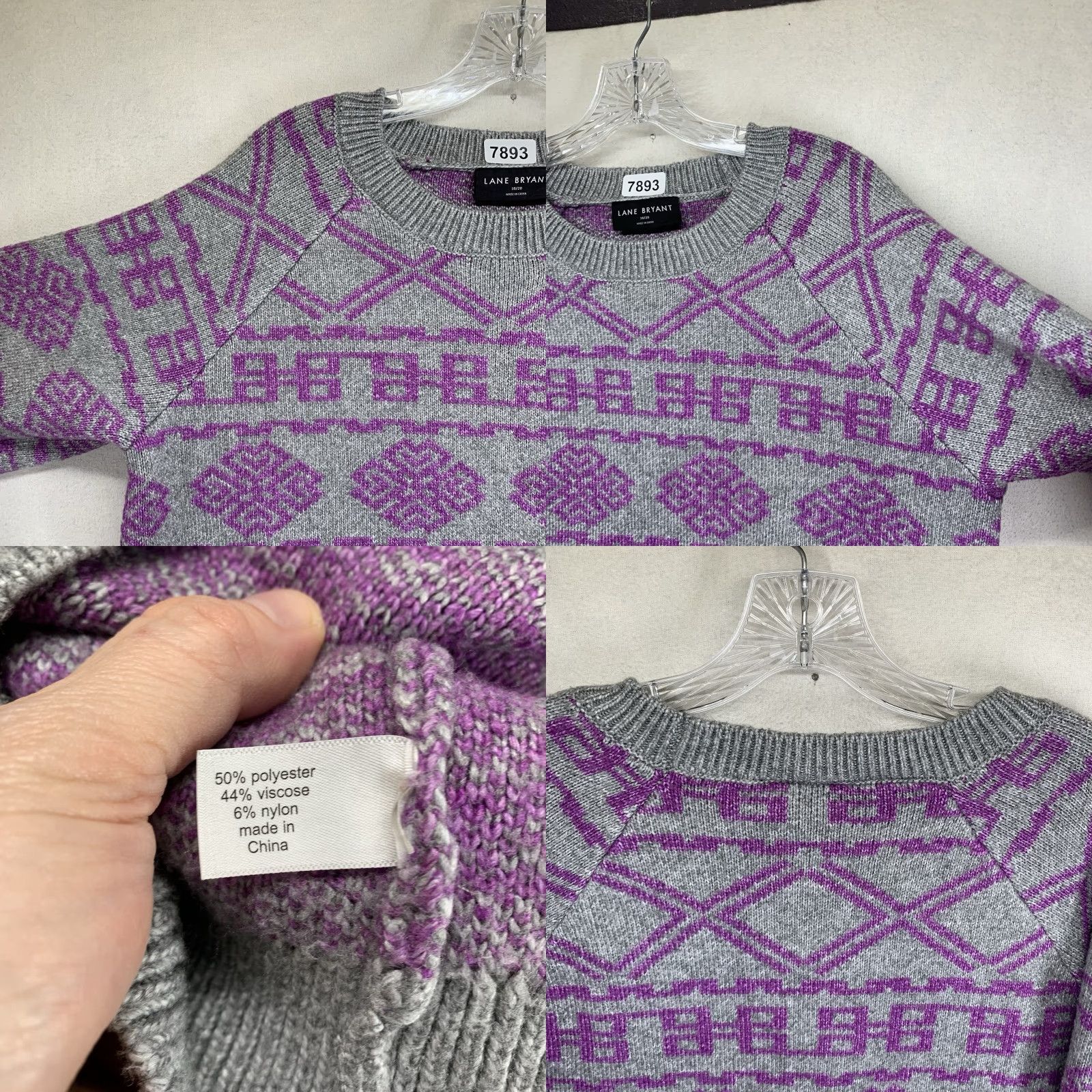 Vintage Lane Bryant Women's Sweater Pullover 18 Plus Size Round Neck Big Fair Isle Purple Gray Knit Stretch- Breathable Winter Casual Size XXL / US 16-18 / IT 52-54 - 8 Thumbnail