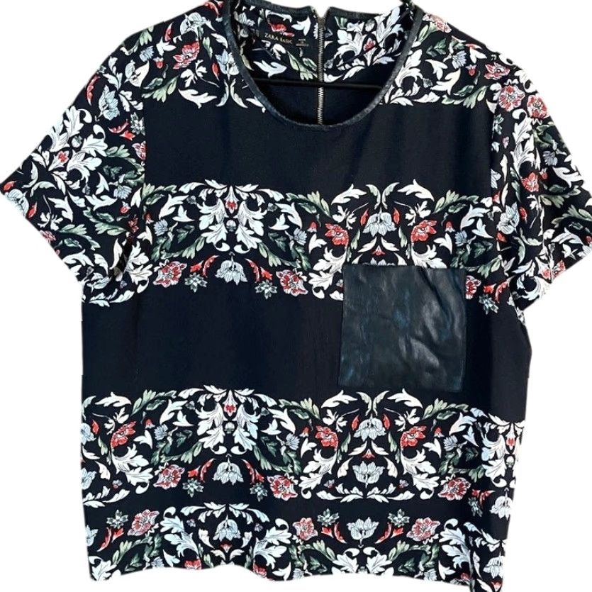 Zara Zara Basic Womens Shirt Black Multi Floral Short Sleeve Zipper Back XL XLarge Size XL / US 12-14 / IT 48-50 - 2 Thumbnail