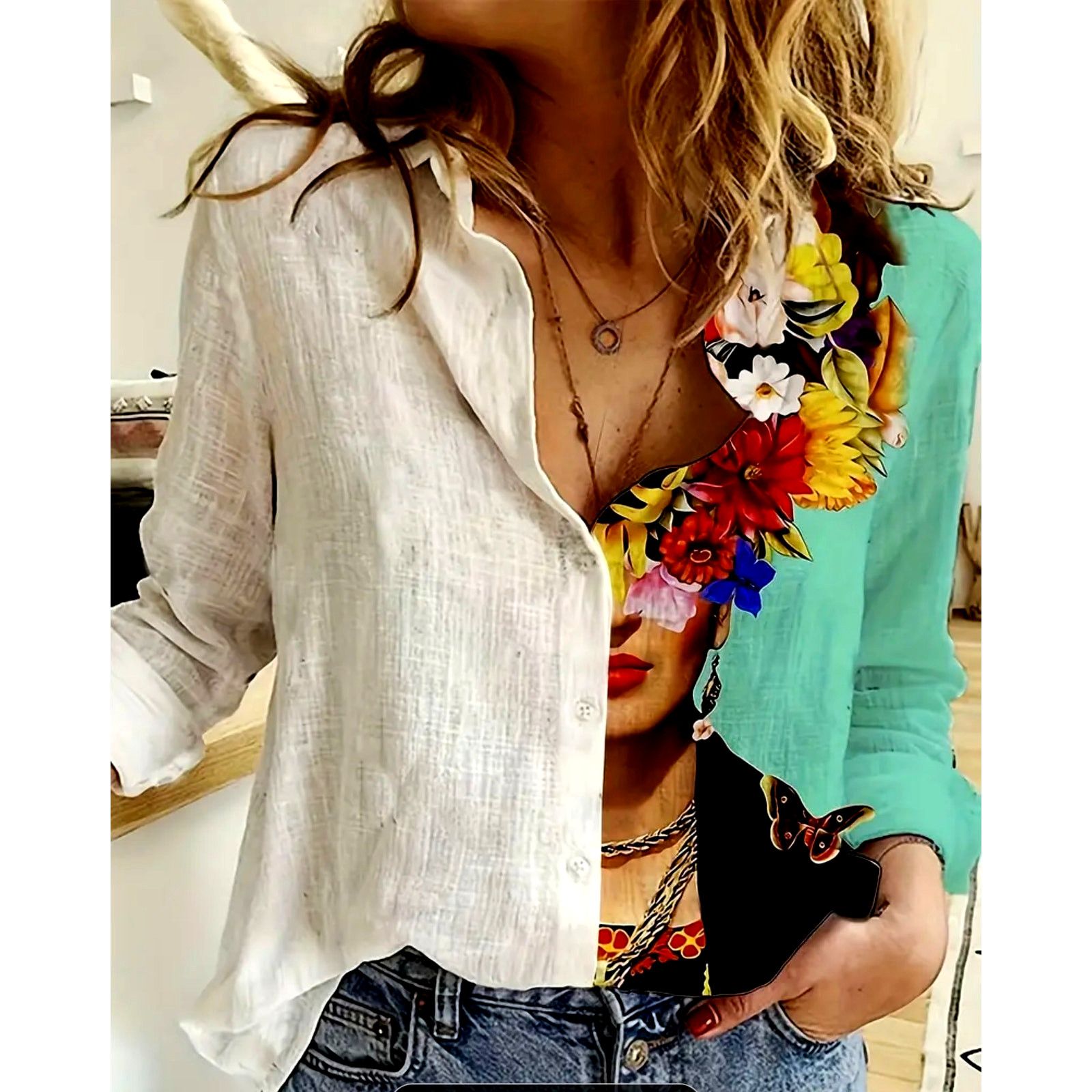 Other Elegant Half White Figure Print Collared Shirt Size XL (12) Size XL / US 12-14 / IT 48-50 - 2 Thumbnail