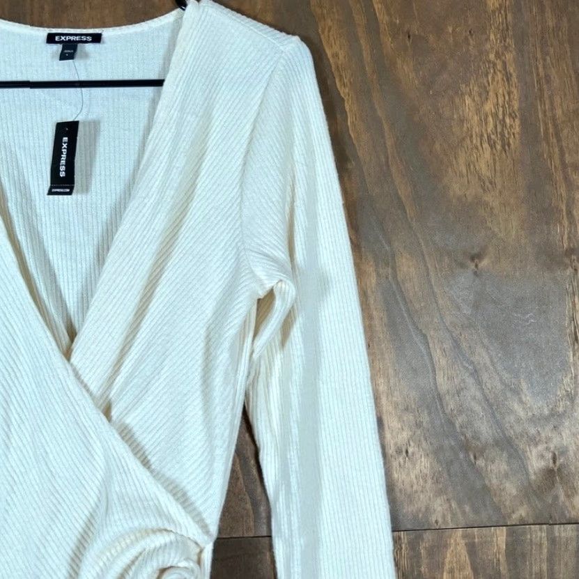 Express Express Sweater Women Cream Deep V Wrap Tie Waist Long Sleeve Knit Stretch L Size L / US 10 / IT 46 - 5 Thumbnail