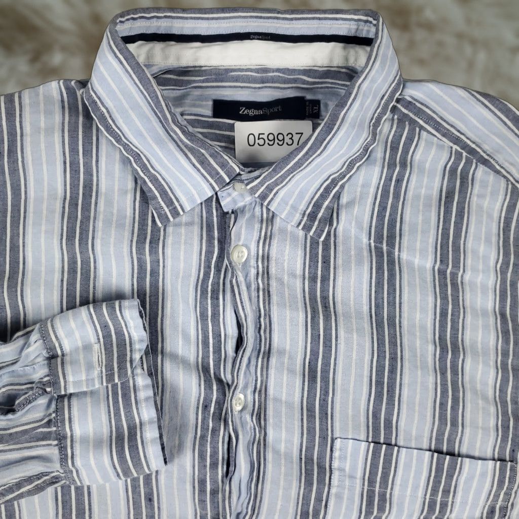 Ermenegildo Zegna Ermenegildo Zegna Blue Striped Linen Button-Up Shirt XL Mens Long Sleeve Size US XL / EU 56 / 4 - 1 Thumbnail