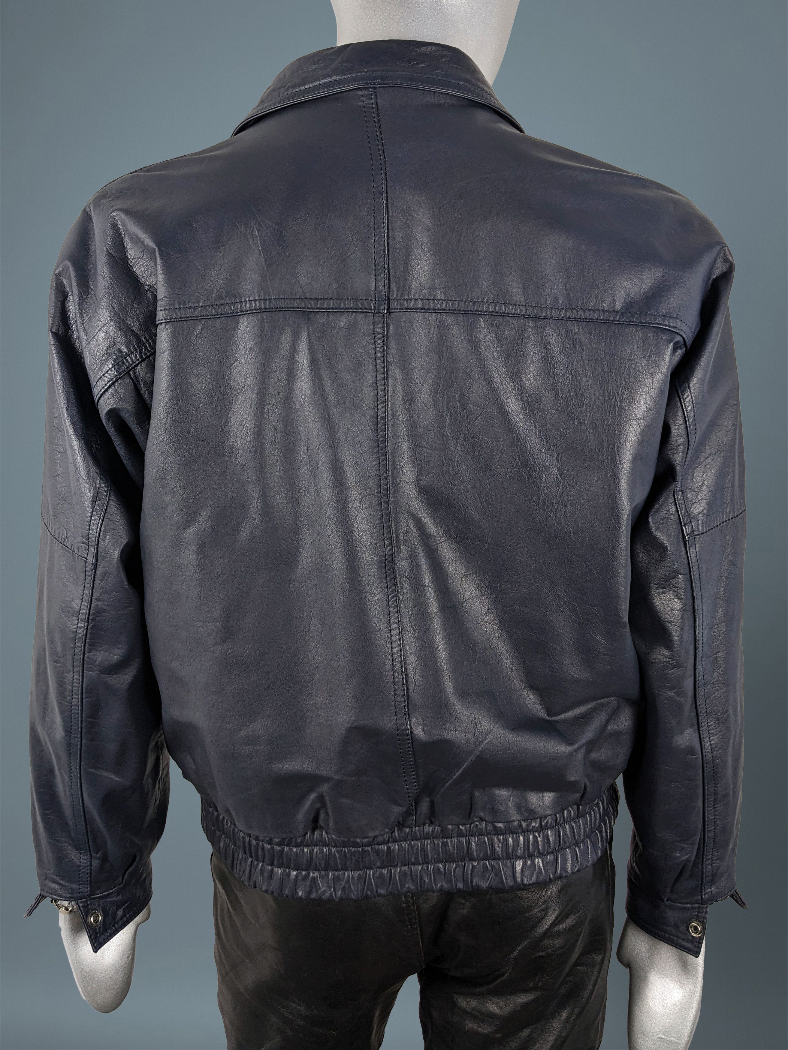 Vintage Vintage 90s Dark Blue Goatskin Leather Biker Bomber Jacket Size US M / EU 48-50 / 2 - 7 Thumbnail