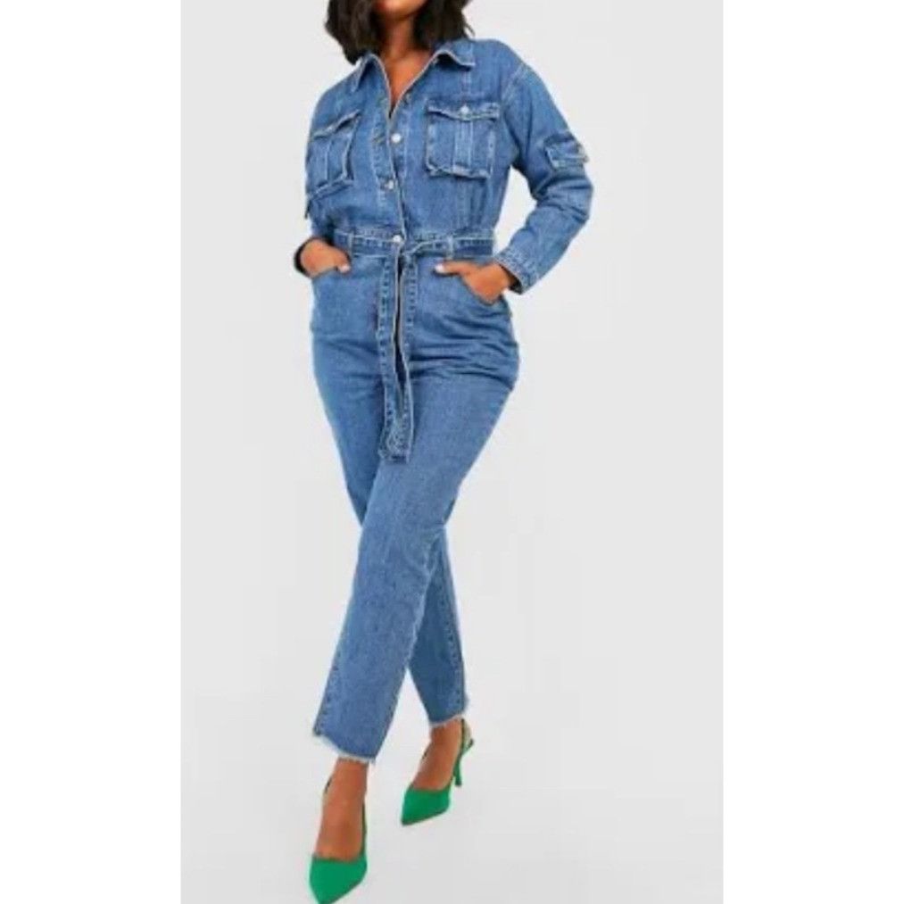 Boohoo Boohoo Tall Belted Mid Blue Cargo Denim Boilersuit Size 32" / US 10 / IT 46 - 1 Thumbnail