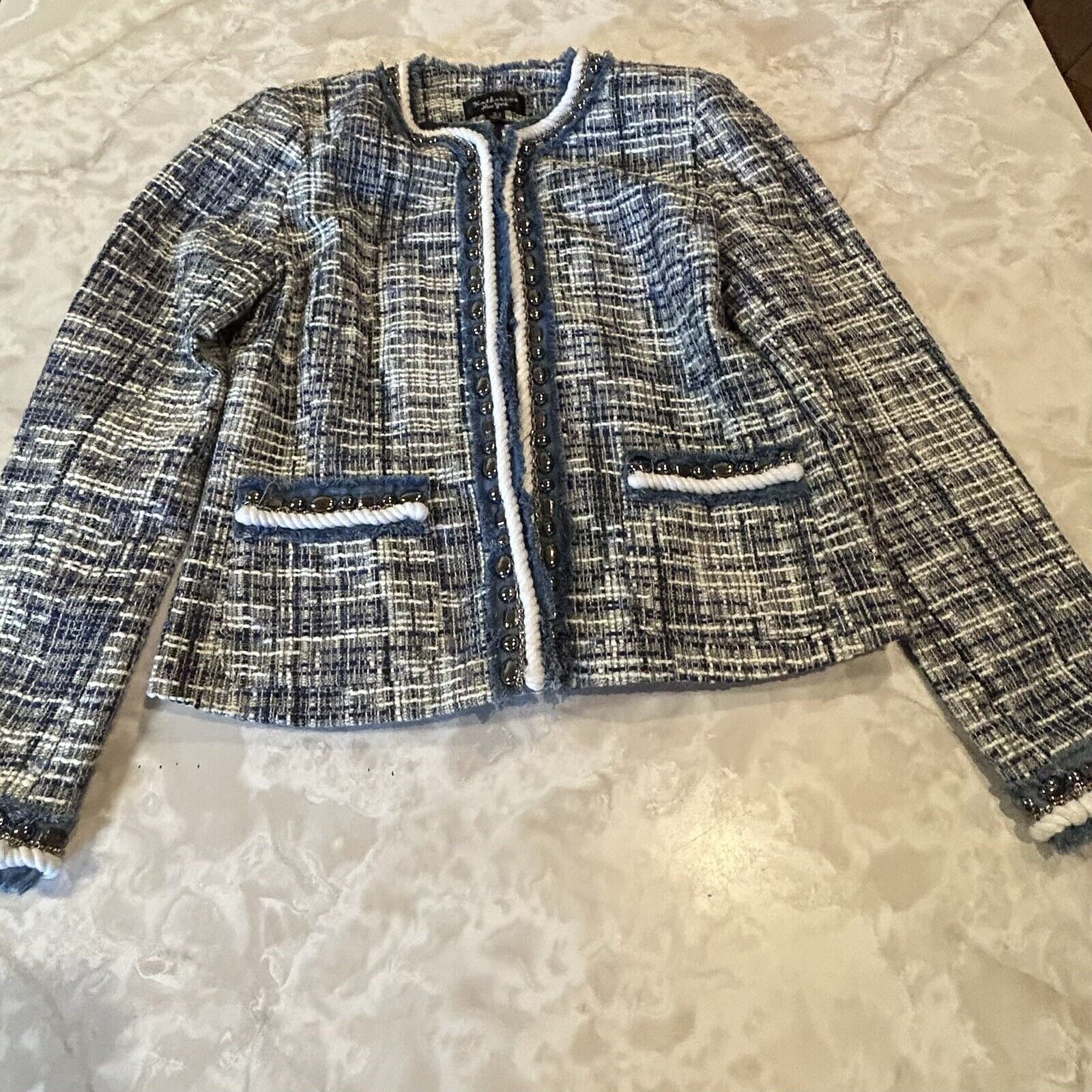 Vintage Katherine New York Suit Jacket S Denim Blue White Black Bou