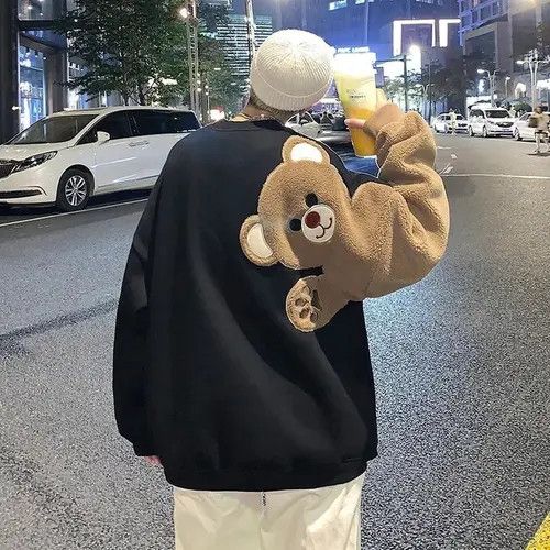 image of Designer Teddy Bear Harajuku Cartoon Y2K Style Sweatshirt Hoodie in Black, Men's (Size Large)