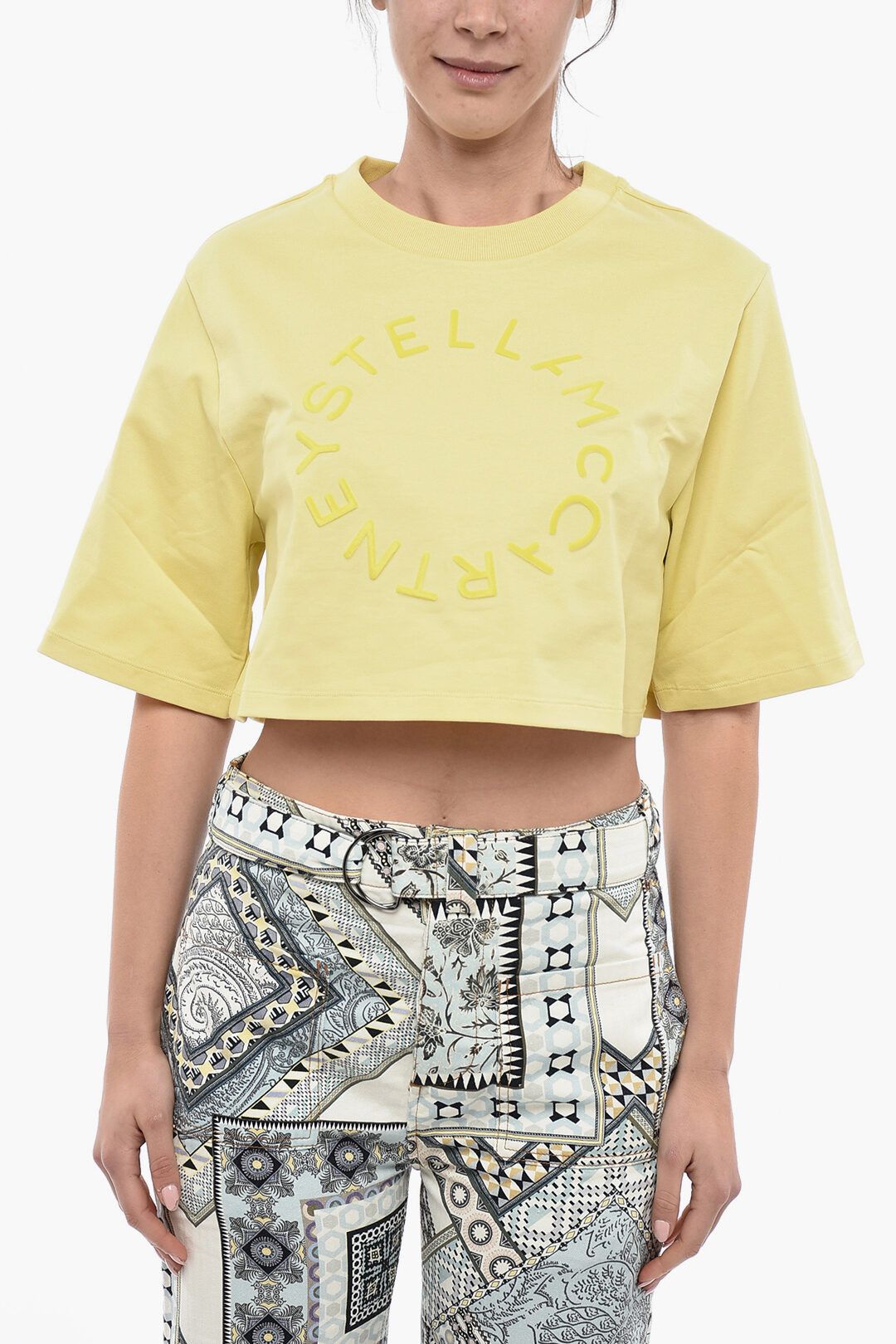 Stella McCartney og1mm0824 Cotton Crop T-Shirt With Flocked Logo in Yellow Size XS / US 0-2 / IT 36-38 - 1 Thumbnail