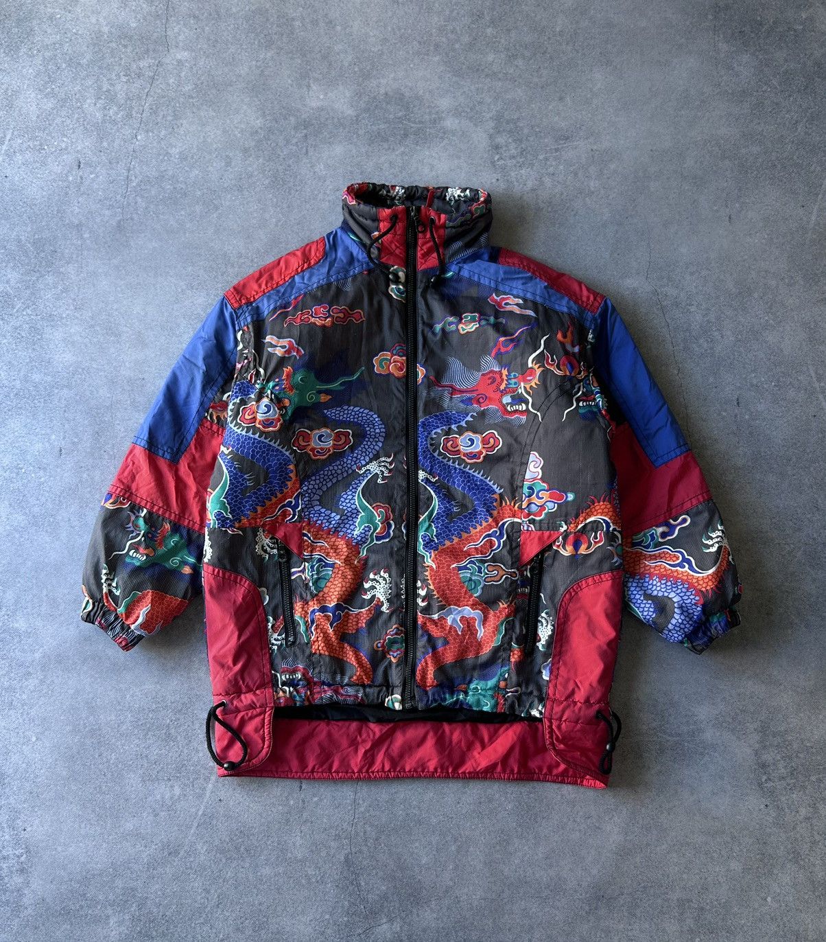 image of Kimono Japan Dragon x Vintage Japanese Kimono Dragon X-Cuse Overall Print Jacket in Black/Red (Size