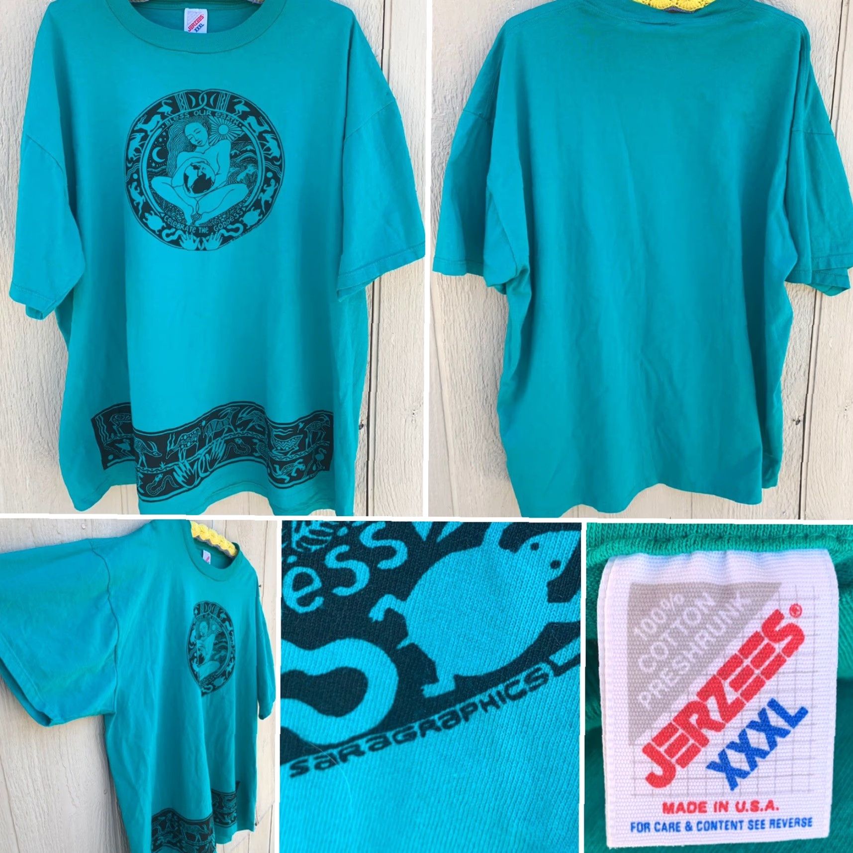 Jerzees VINTAGE Jerzees T-Shirt Unisex Adults 3XL Green Graphic Print 80s 90s Nature Animals Goddess Bless Our Earth Size US XXL / EU 58 / 5 - 2 Thumbnail