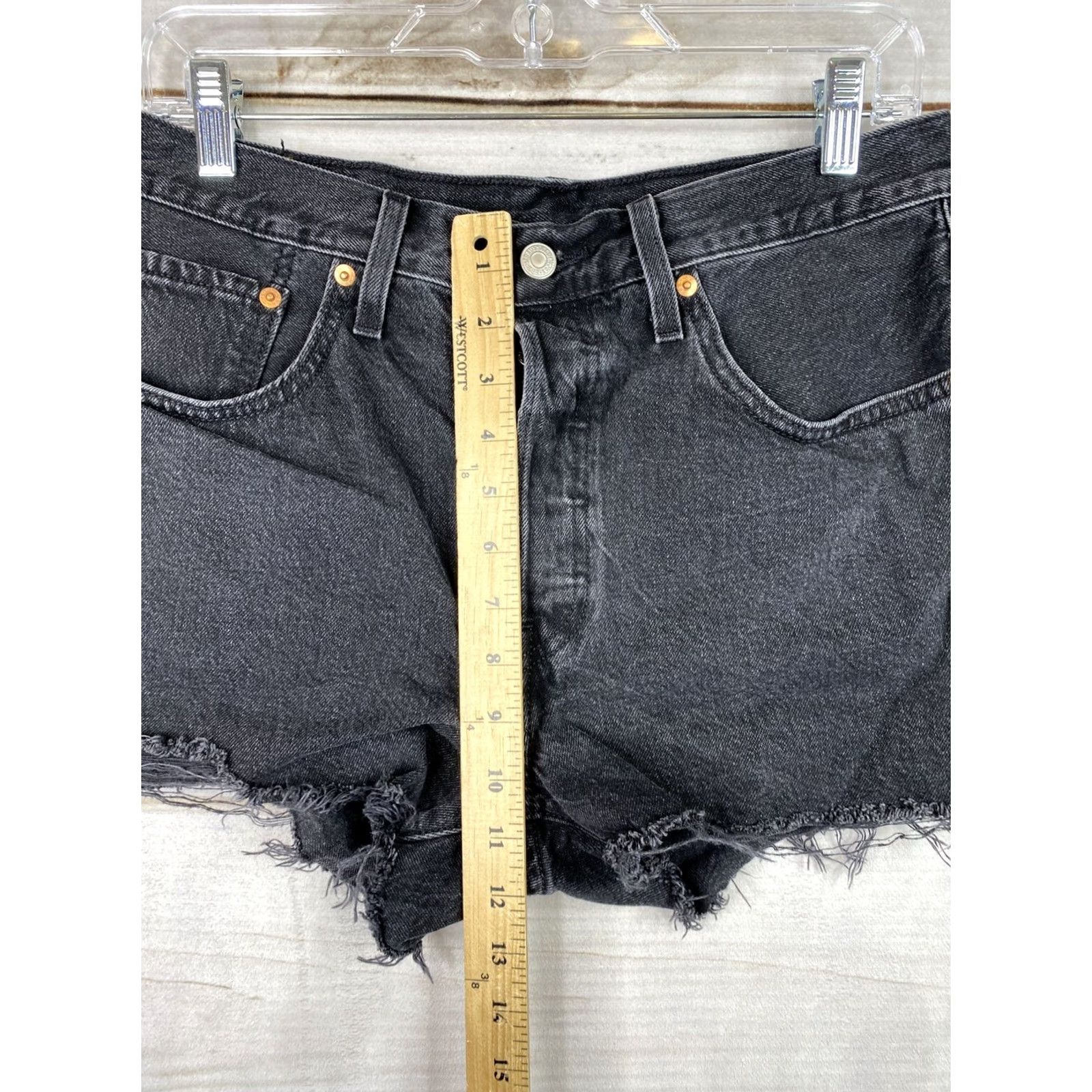 Levi's Levi’s 501 Jean Shorts Womens Sz 30 Black Cut Off Shortie Button Fly Fringe Logo Denim Shorts Slim Fit Reg Regular Womens Size 30" / US 8 / IT 44 - 5 Thumbnail
