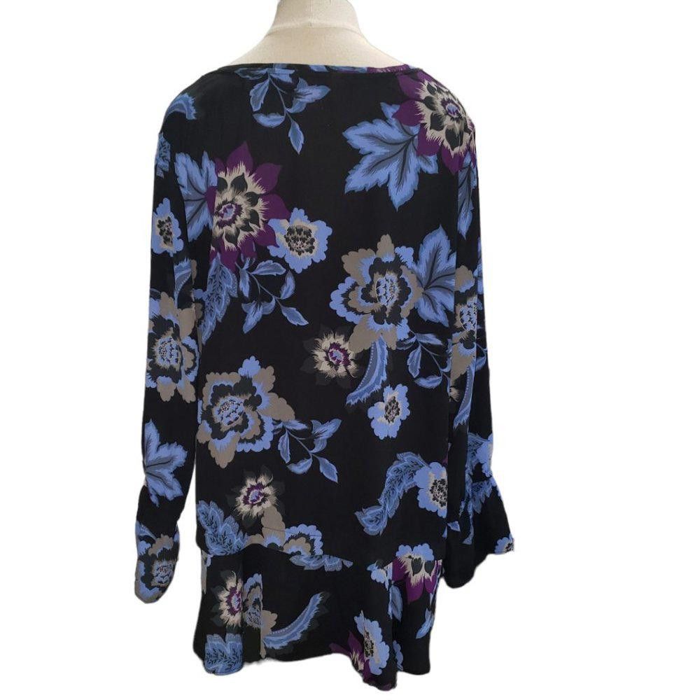 Designer CT486 Joe Fresh + Ladies Black & Blue Floral Blouse 1X Size XL / US 12-14 / IT 48-50 - 3 Thumbnail