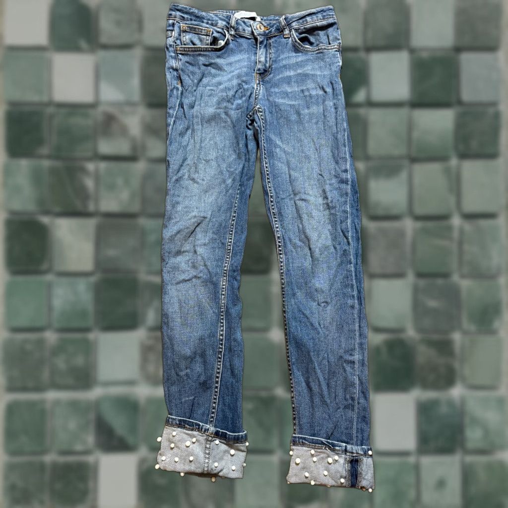 Zara ZARA Jeans Womens Size 6 Blue 28 x 27 Denim Beaded Cuffed Ankle Slimming Bottom Jeans Womens Men’s? Size 28" / US 6 / IT 42 - 1 Thumbnail