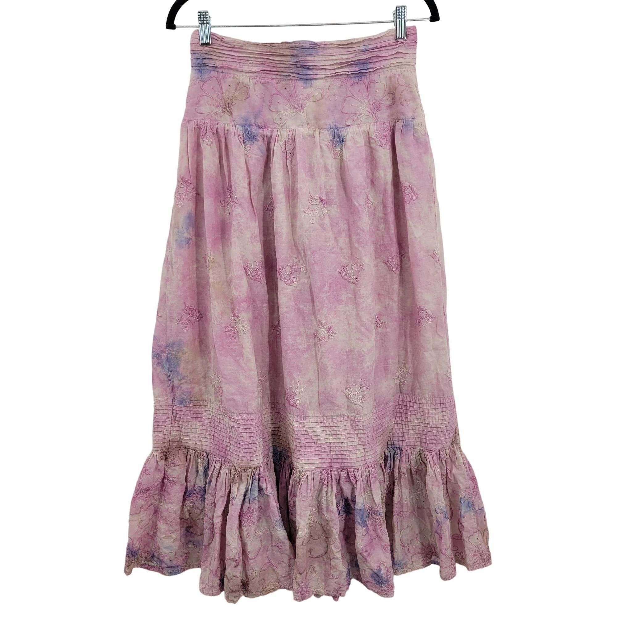 Anthropologie Anthropologie Maxi Skirt S Pink Cotton Tie-Dyed Tiered Embro Size 26" / US 2 / IT 38 - 1 Thumbnail