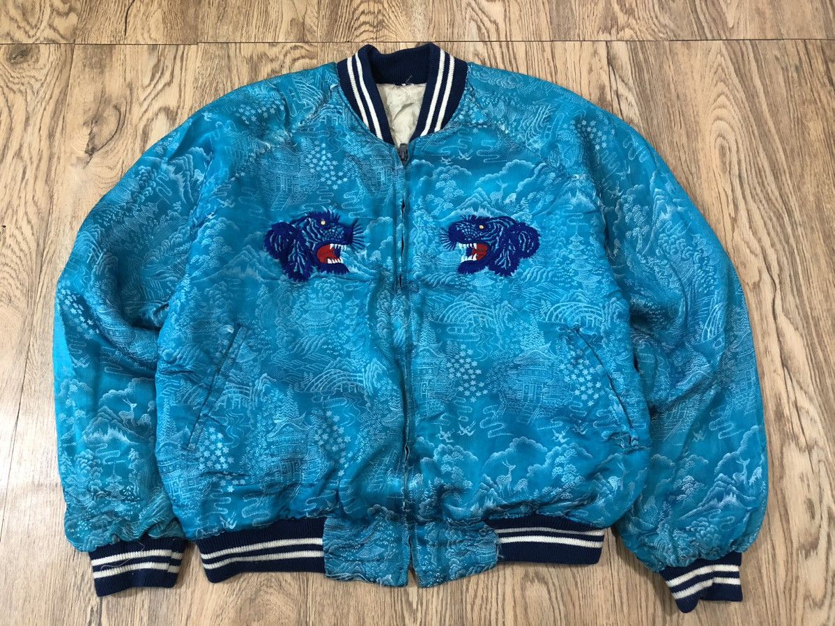 image of Sukajan Souvenir Jacket Vintage Sukajan Tiger Full Print Quilted Bomber Jacket in Blue (Size Medium