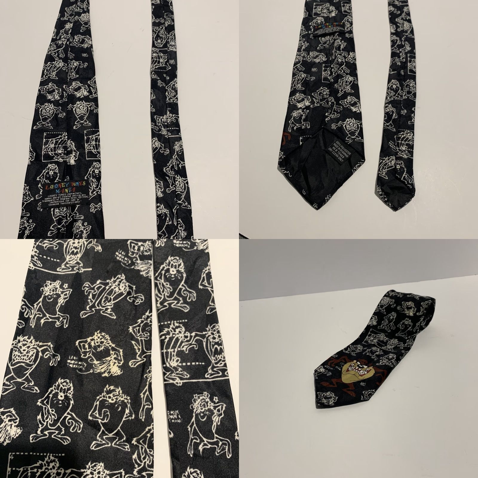 Vintage VINTAGE Looney Tunes Taz Tie 1995 Men Tie Black Polyester 57"-60" Geometric Cartoon Size ONE SIZE - 8 Thumbnail
