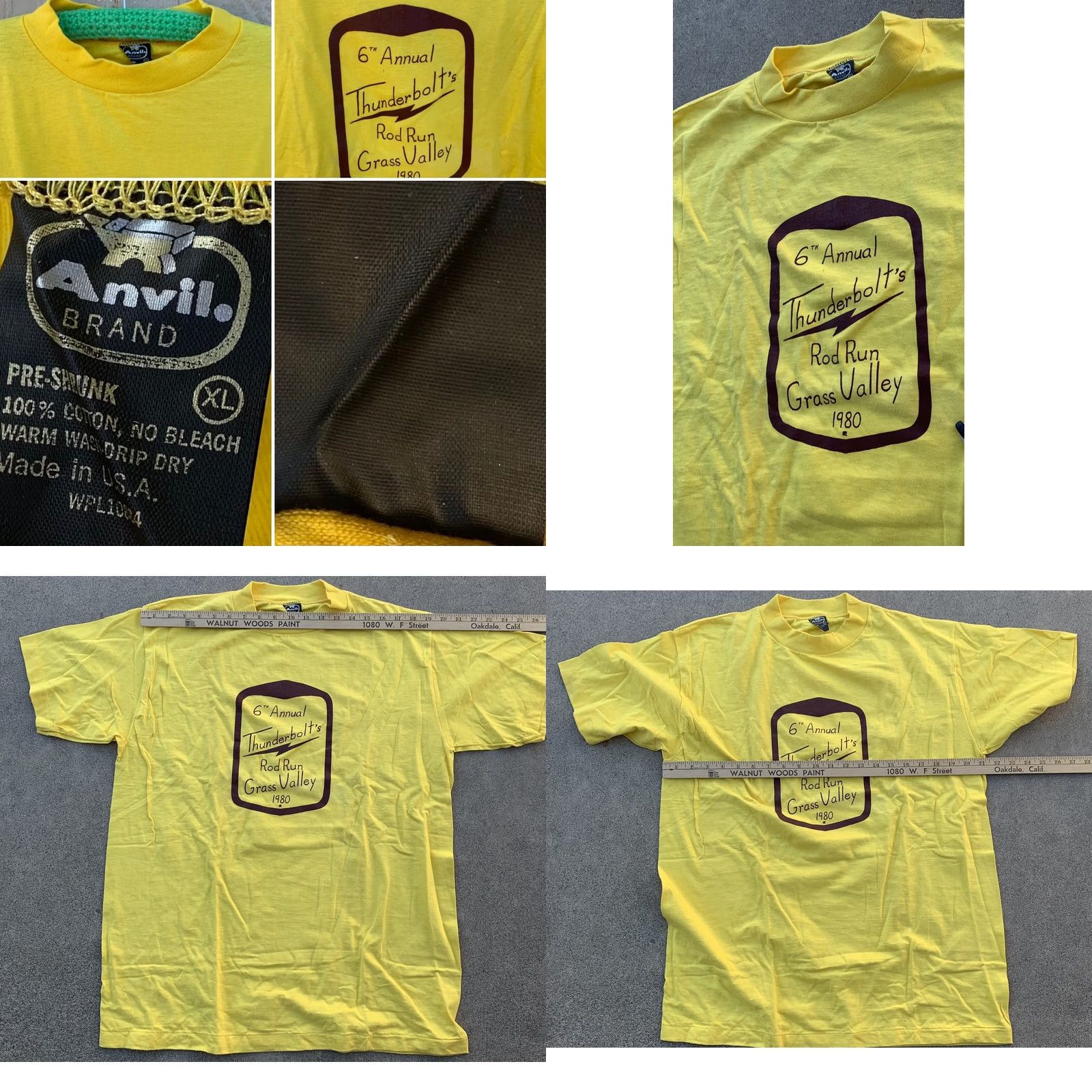 Anvil VINTAGE 6th Annual Thunderbolts Rod Run Grass Valley 1980 T-Shirt XL 80s Yellow Anvil Unisex Graphic Tee Size US XL / EU 56 / 4 - 8 Thumbnail