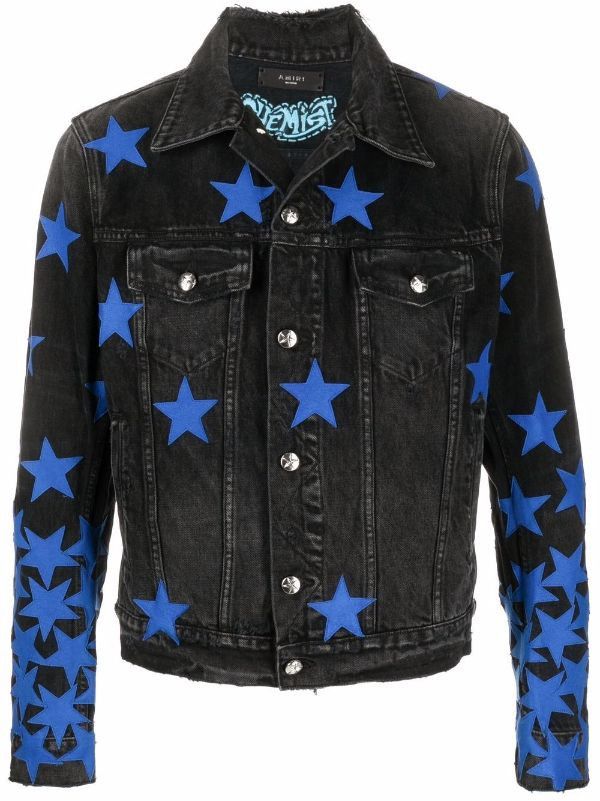 Amiri AMIRI Black Denim “Chemist Star Trucker” Jacket w Blue Stars Size US XL / EU 56 / 4 - 1 Thumbnail
