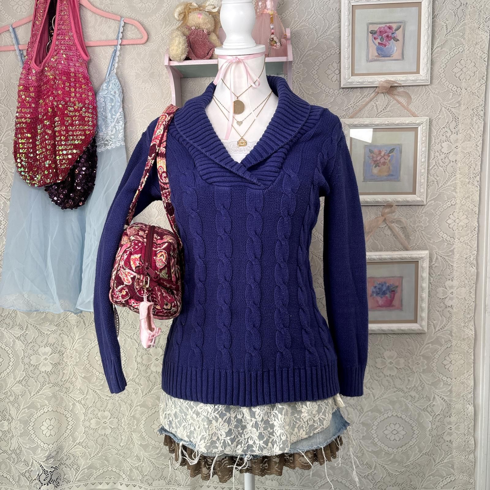 Style & Co vintage purple cable knit sweater with built in layered lace Size S / US 4 / IT 40 - 1 Thumbnail
