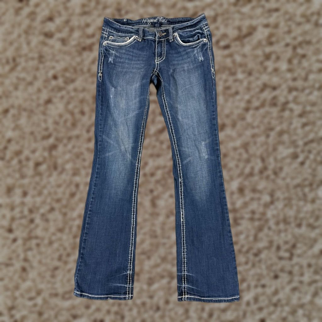 Vintage Request Jeans Pants Womens 11 Blue Denim Flared Distressed Embroidered 29x31 Size 32" / US 10 / IT 46 - 1 Thumbnail