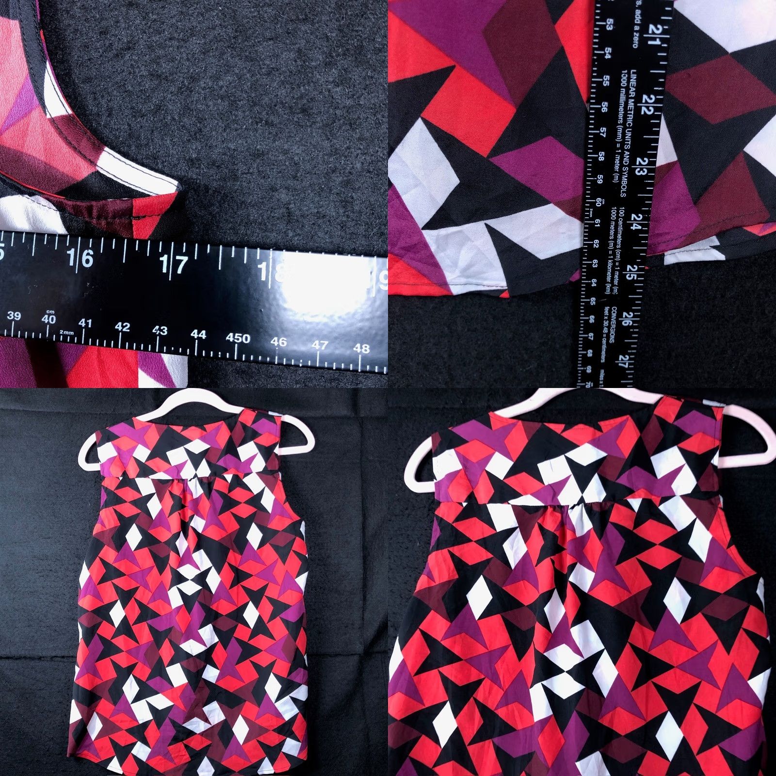 Ann Taylor Ann Taylor LOFT Blouse Womens Sleeveless Front Tie Small Multicolored Crew Neck Argyle/Diamond Pattern Chiffon Polyester Lightweight All Seasons Size S / US 4 / IT 40 - 8 Thumbnail
