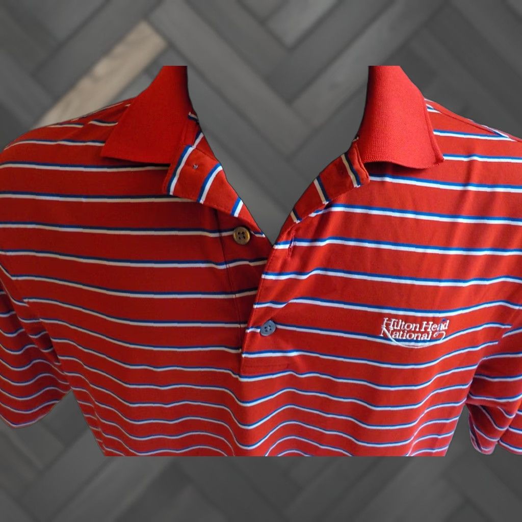 Footjoy VINTAGE Footjoy Striped Polo Shirt Mens Medium Red White Blue Hilton Head National Logo Polo Shirt Size US M / EU 48-50 / 2 - 1 Thumbnail