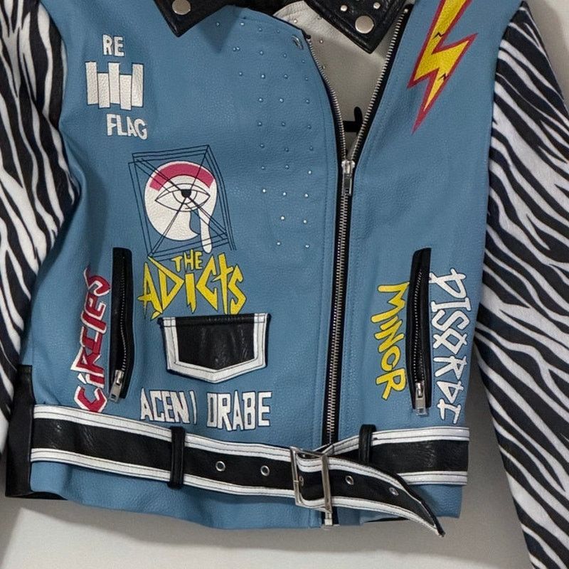 Azalea Wang Azalea Wang Blue Faux Leather Moto Jacket Zebra Sleeve Small Size S / US 4 / IT 40 - 6 Thumbnail
