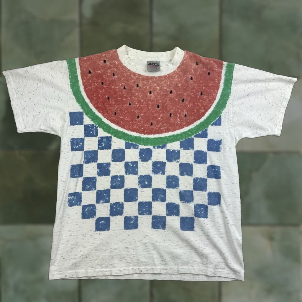 Vintage VINTAGE Oneita 90s Watermelon T-Shirt Unisex Adults Large White All Over Print 3D Fun Cute Summer Size US L / EU 52-54 / 3 - 1 Thumbnail