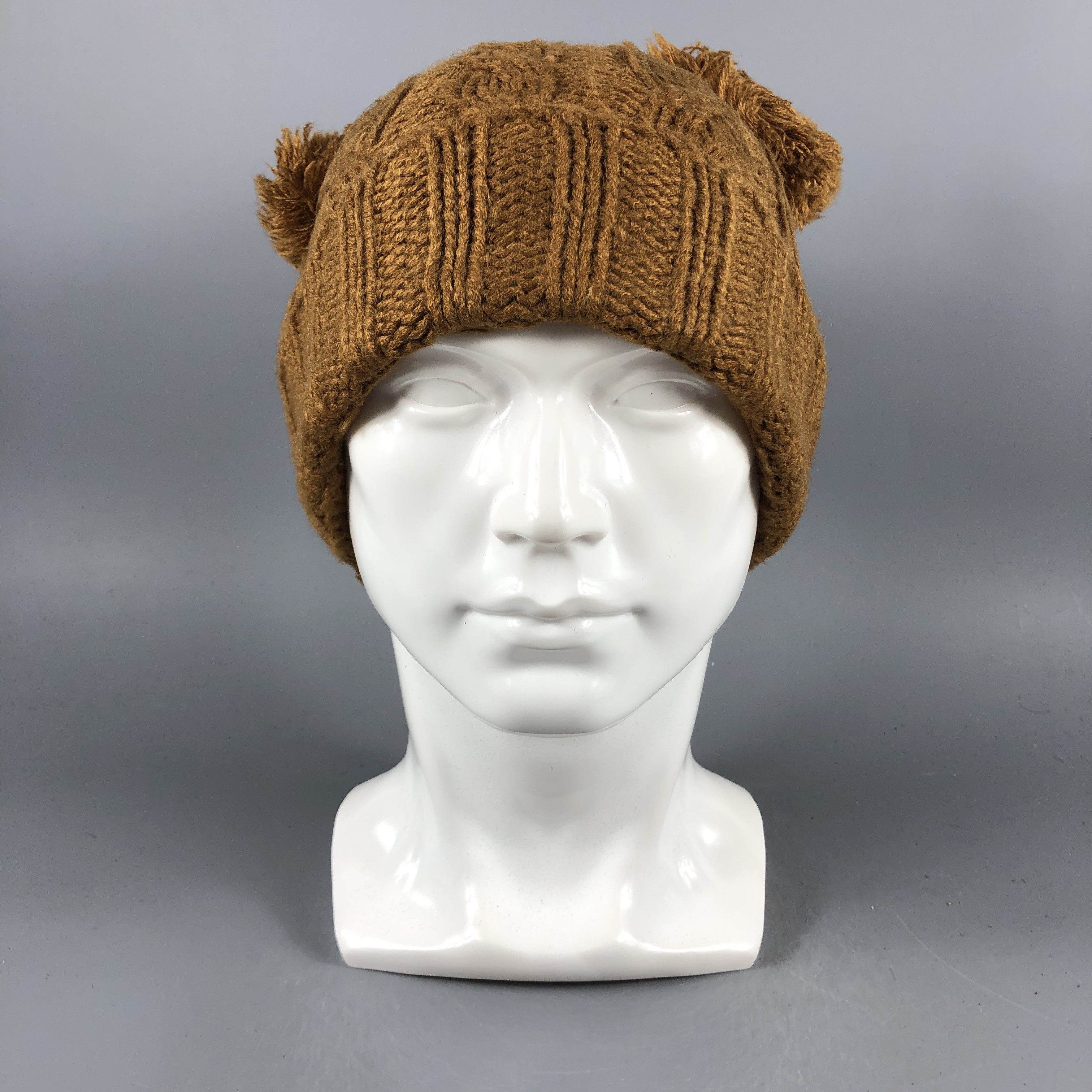 image of Vintage Cable Knit Pompom Brown Beanie Snow Hat Snow Cap -D1149, Men's