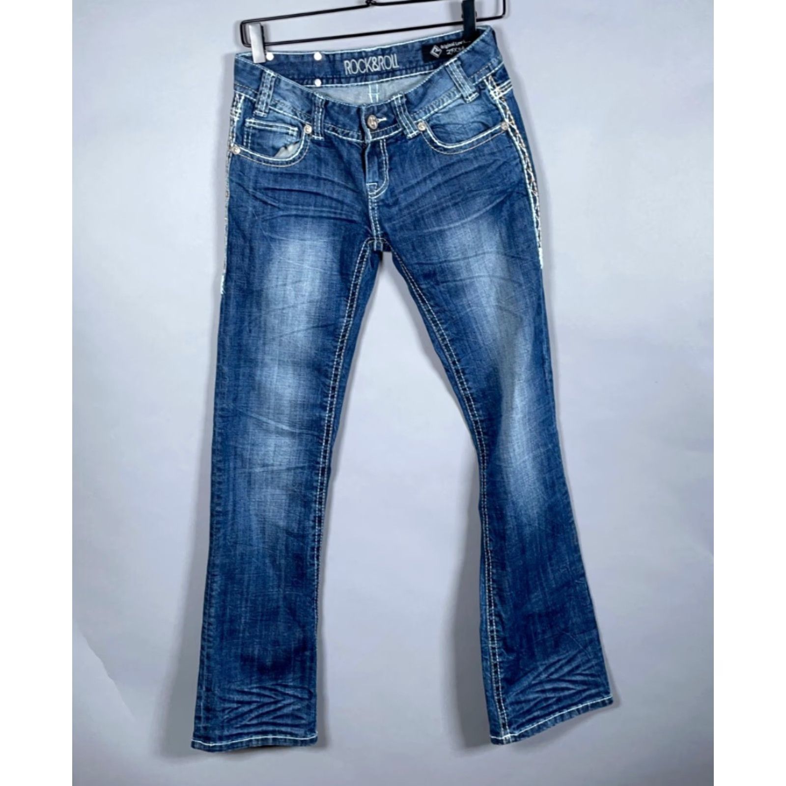 Vintage VINTAGE? No — Rock & Roll Cowgirl Jeans Bootcut Denim 5-Pocket Womens 27 x 34 Dark Blue Rhinestone Accents 90s Theme Womens Jeans Size 27" / US 4 / IT 40 - 2 Thumbnail