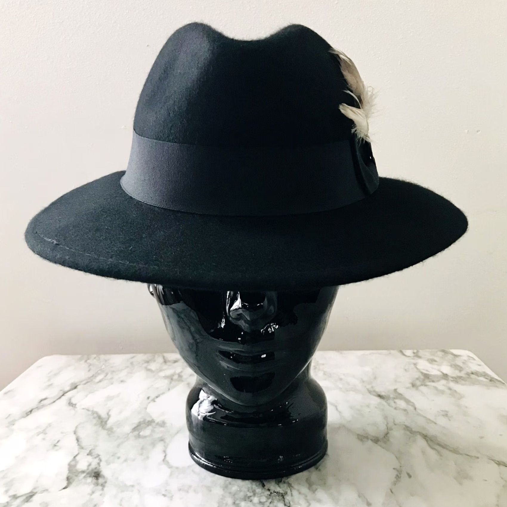 Vintage Scala Pronto Crushable Black Wool Feather Bow Wide Brim Fedora Hat - Fedora - Women - One Size - Black - Wool - Bow - Feather Size ONE SIZE - 2 Thumbnail