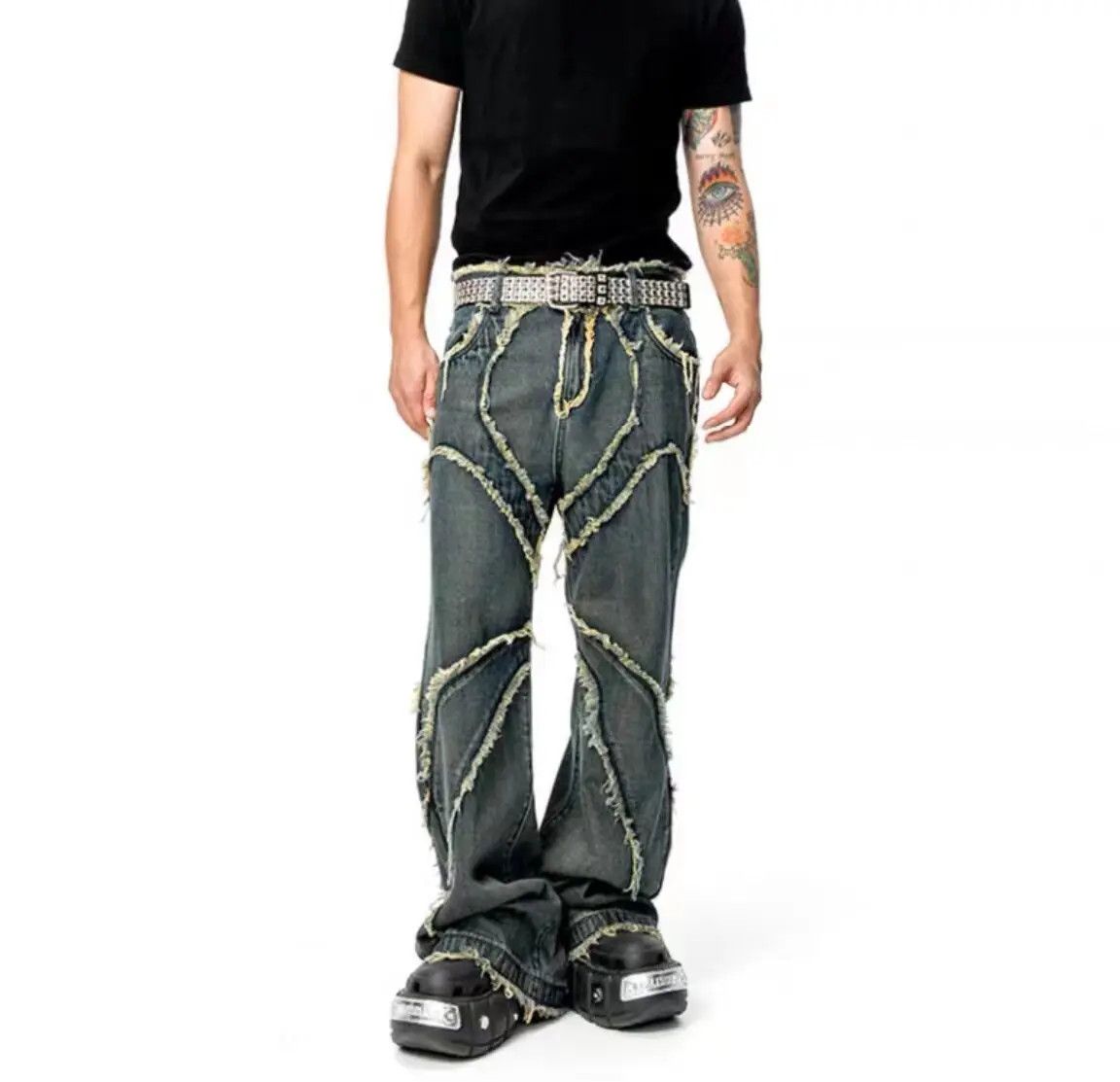 image of Retro Mud-Dyed Raw Edge Washed Distressed Jeans in Mud Dyeing, Men's (Size 32)