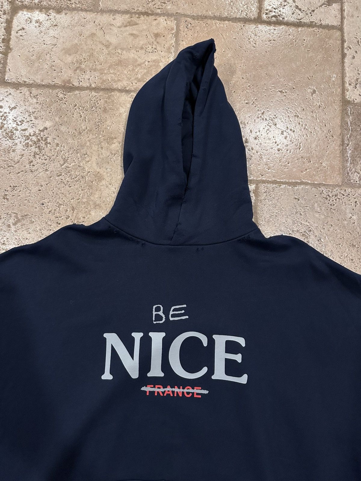 Balenciaga Balenciaga “Be Nice” France Dark Navy 2023 Distressed Hoodie Size US XL / EU 56 / 4 - 8 Thumbnail