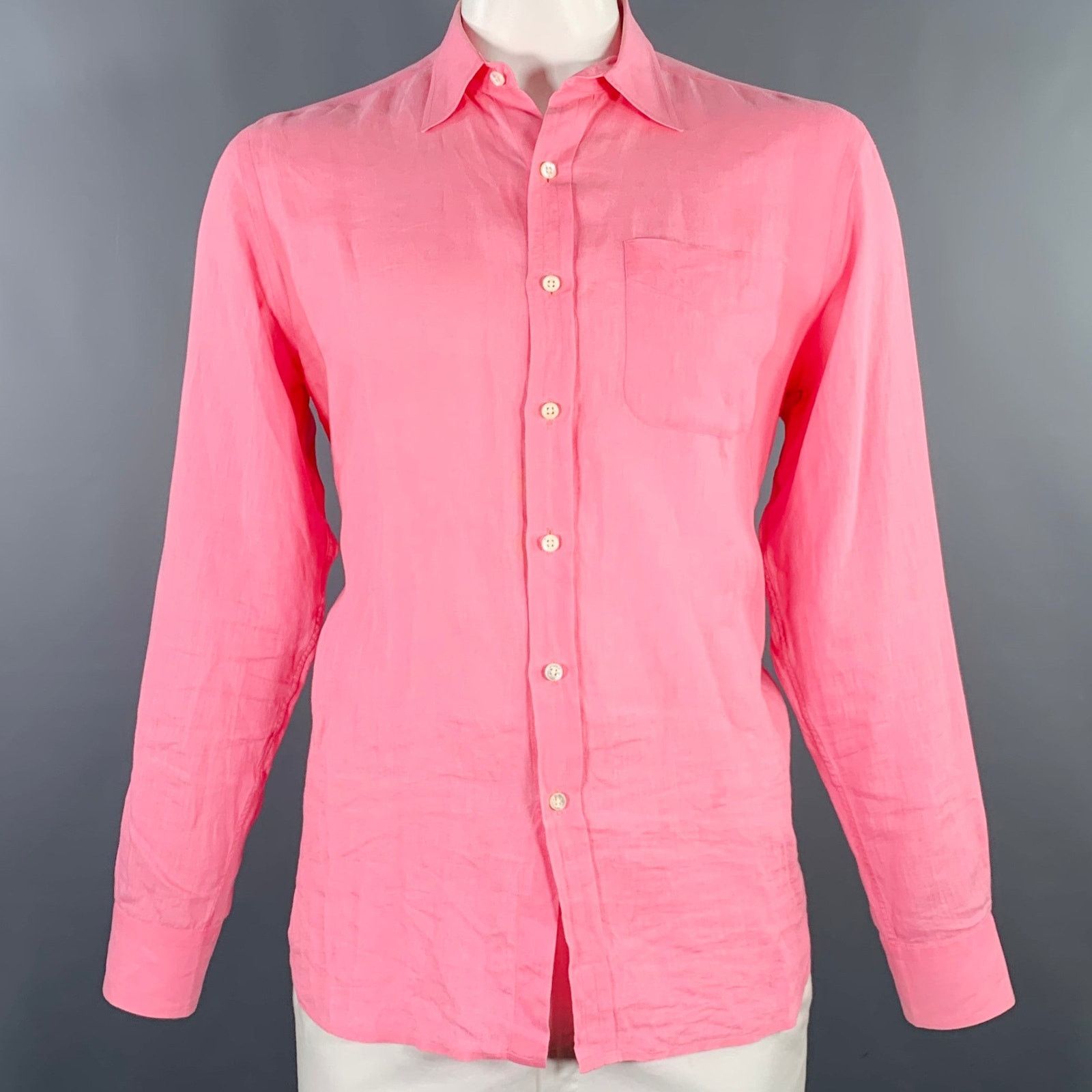 RALPH LAUREN Size L Pink Linen One pocket Long Sleeve Shirt