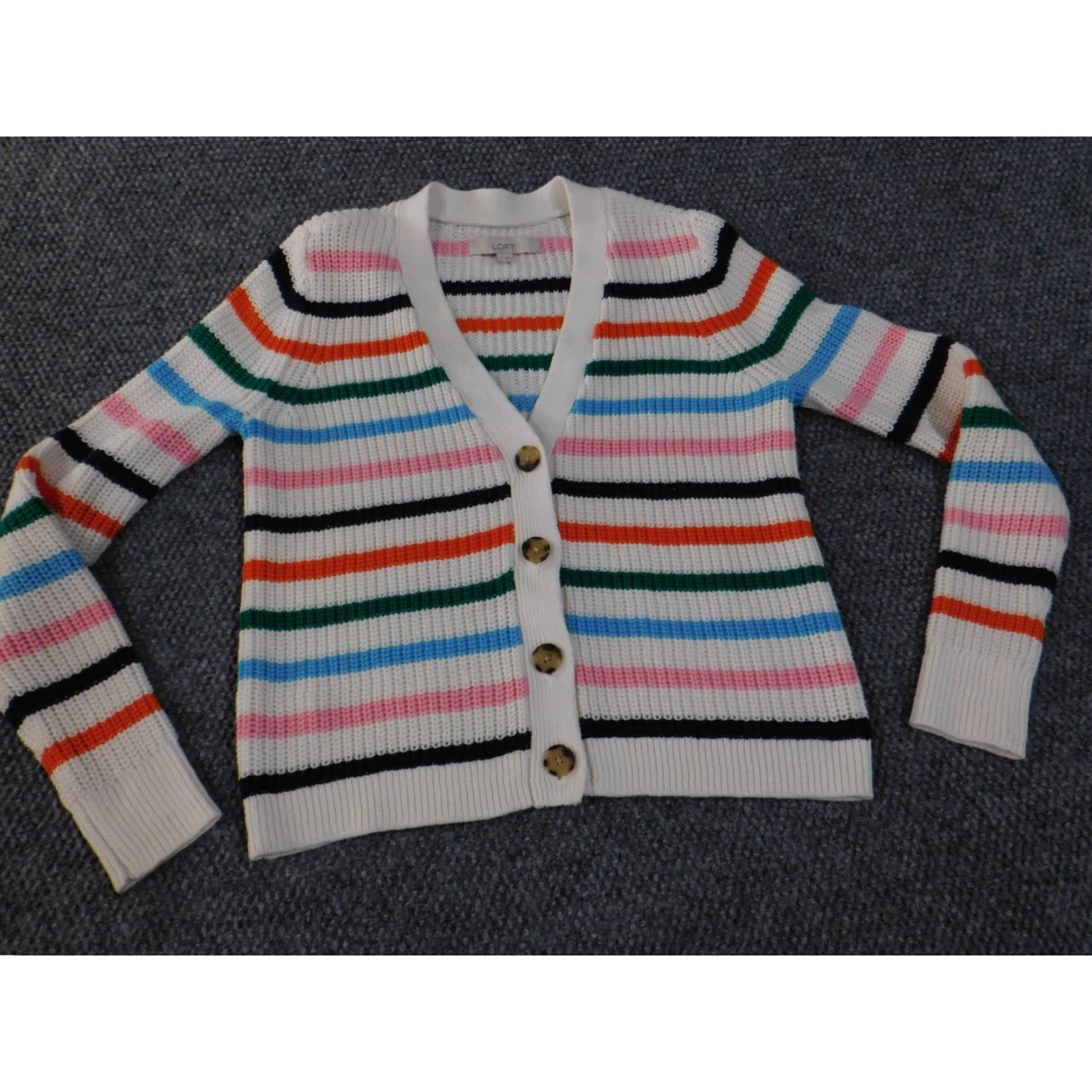 Loft LOFT Cardigan Sweater White Striped V-Neck Knit Long Sleeve M Regular Women Size M / US 6-8 / IT 42-44 - 4 Thumbnail