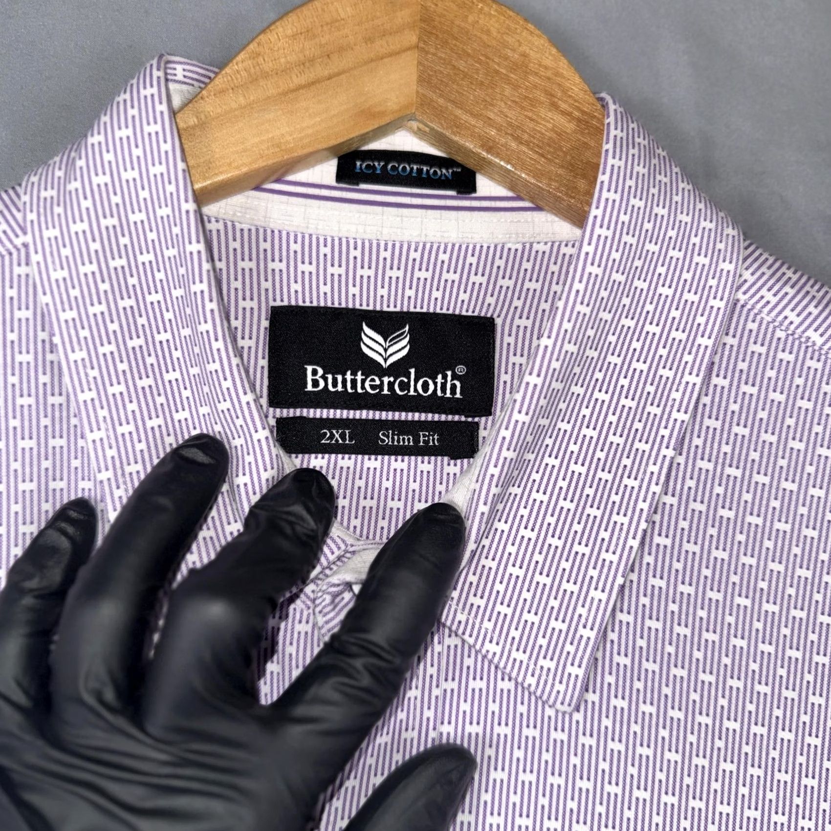 Vintage Buttercloth Shirt Mens 2XL Purple Geometric Slim Fit Stretch Dress Long Sleeve Size 48R - 3 Thumbnail