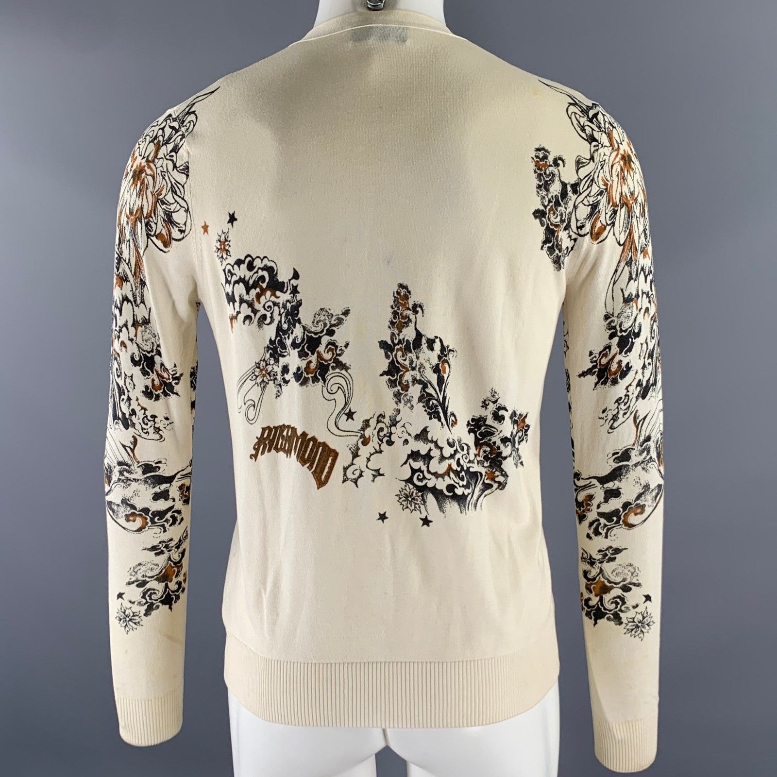John Richmond JOHN RICHMOND S Cream Tan Dragon Print Cotton Silk Cardigan Size US S / EU 44-46 / 1 - 4 Thumbnail