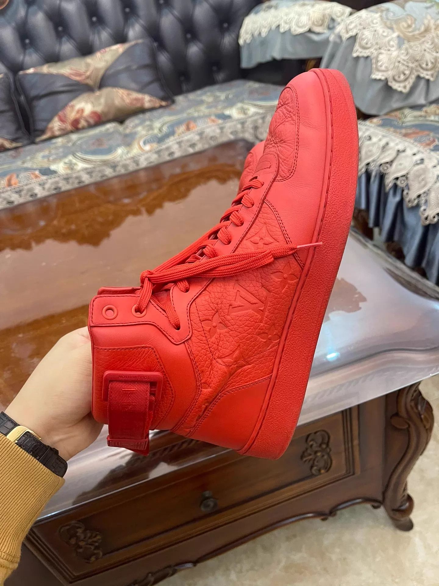 Louis Vuitton LV High-Top 7US Red Litchi Leather Full Logo Kicks Size US 8 / EU 41 - 4 Thumbnail
