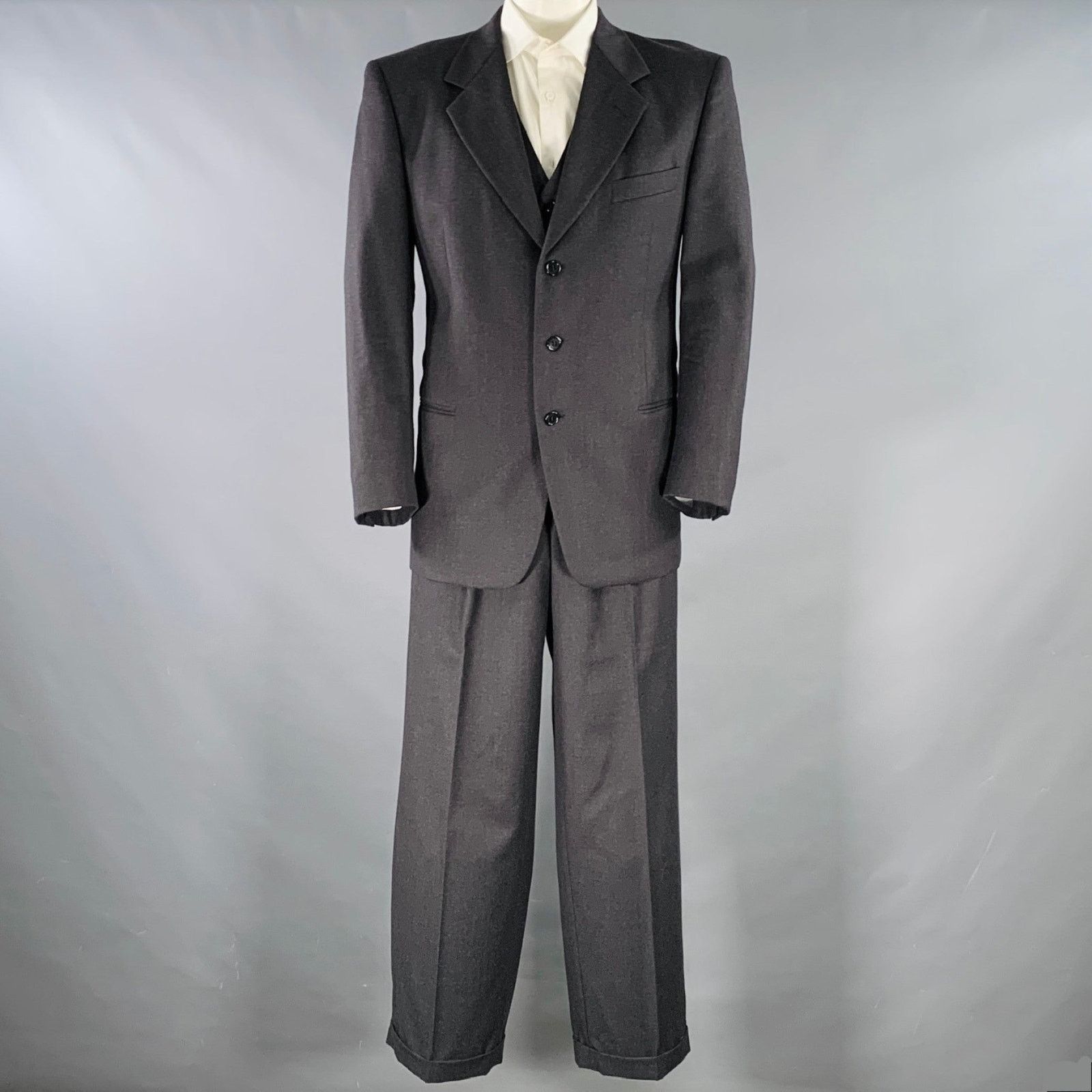 Valentino Size 43 Regular Grey Charcoal Virgin Wool Notch Lapel Suit Size 44R - 2 Thumbnail