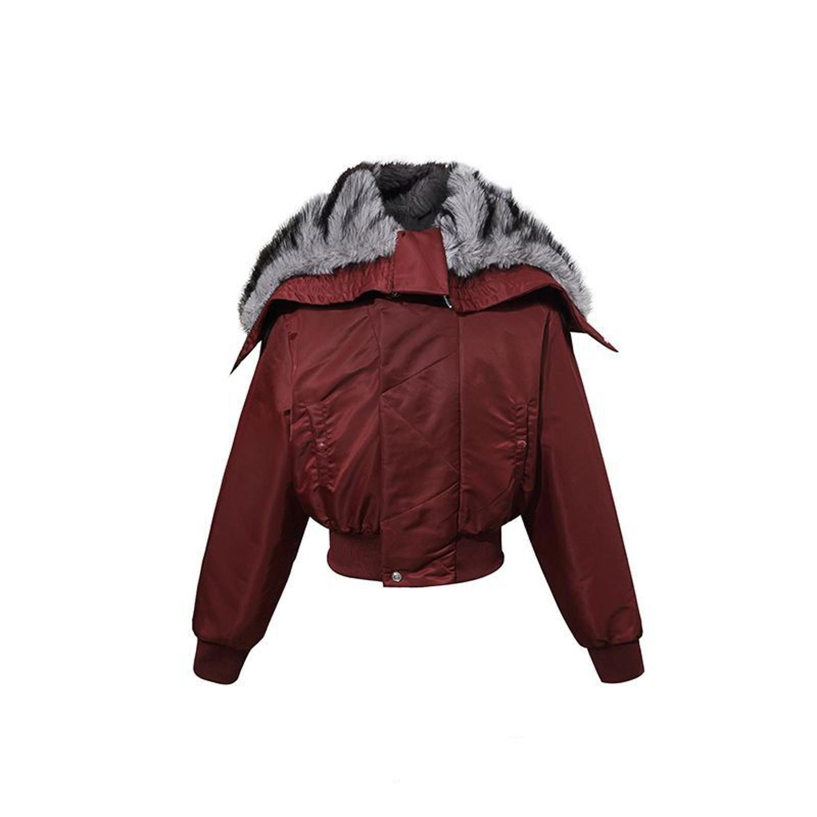 Burgundy Cropped Puffer Jacket with Faux Fur Collar