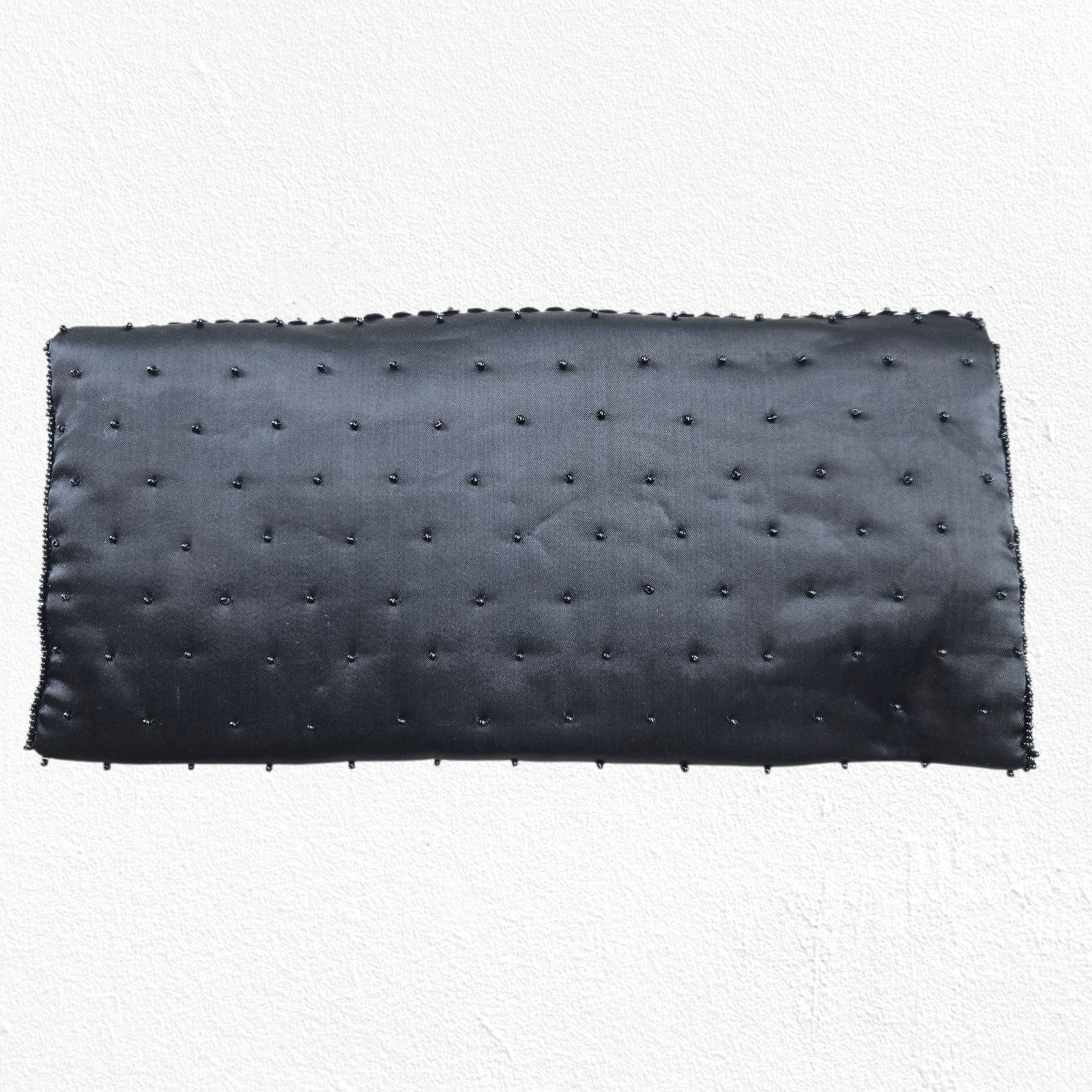 Vintage 1950s Black Beaded Satin Evening Clutch Purse Size ONE SIZE - 8 Thumbnail
